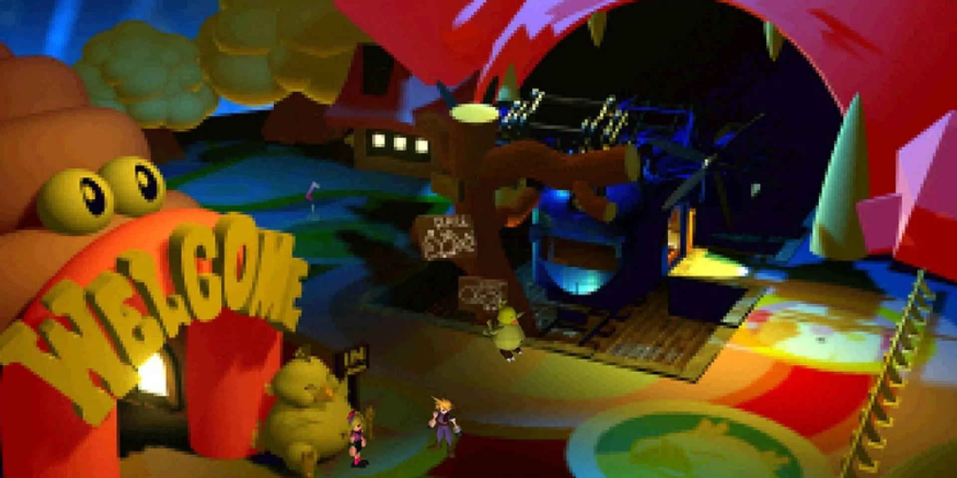 Cloud tại khu giải trí Gold Saucer của Final Fantasy 7 phiên bản gốc với đồ họa nền tĩnh độc đáo