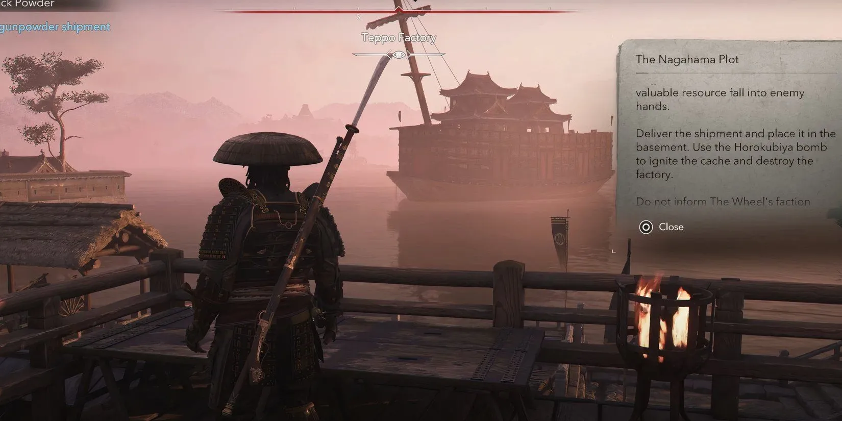 Con tàu chở thuốc súng đậu gần bờ biển Nagahama trong Assassin's Creed Shadows