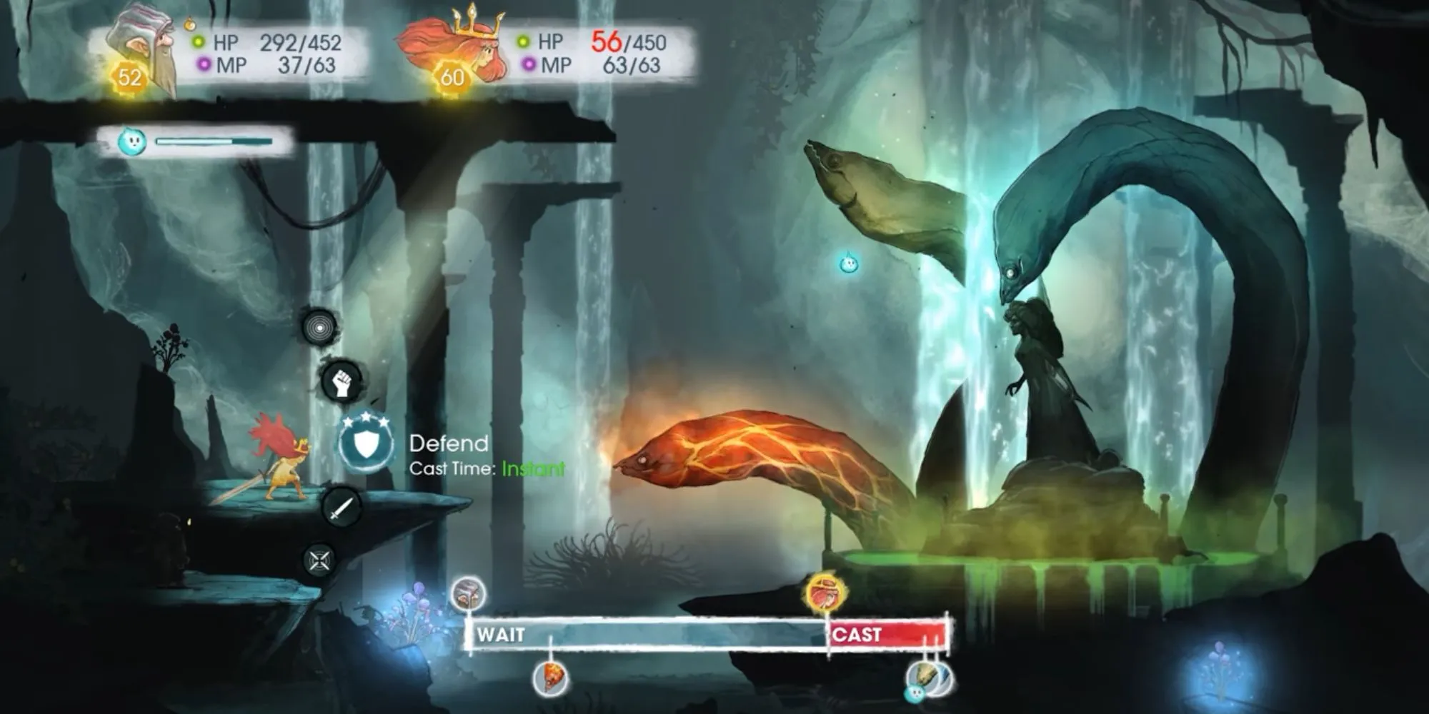 Công chúa Aurora và đồng đội chiến đấu trong Child of Light với thanh ATB và sự hỗ trợ của Igniculus.