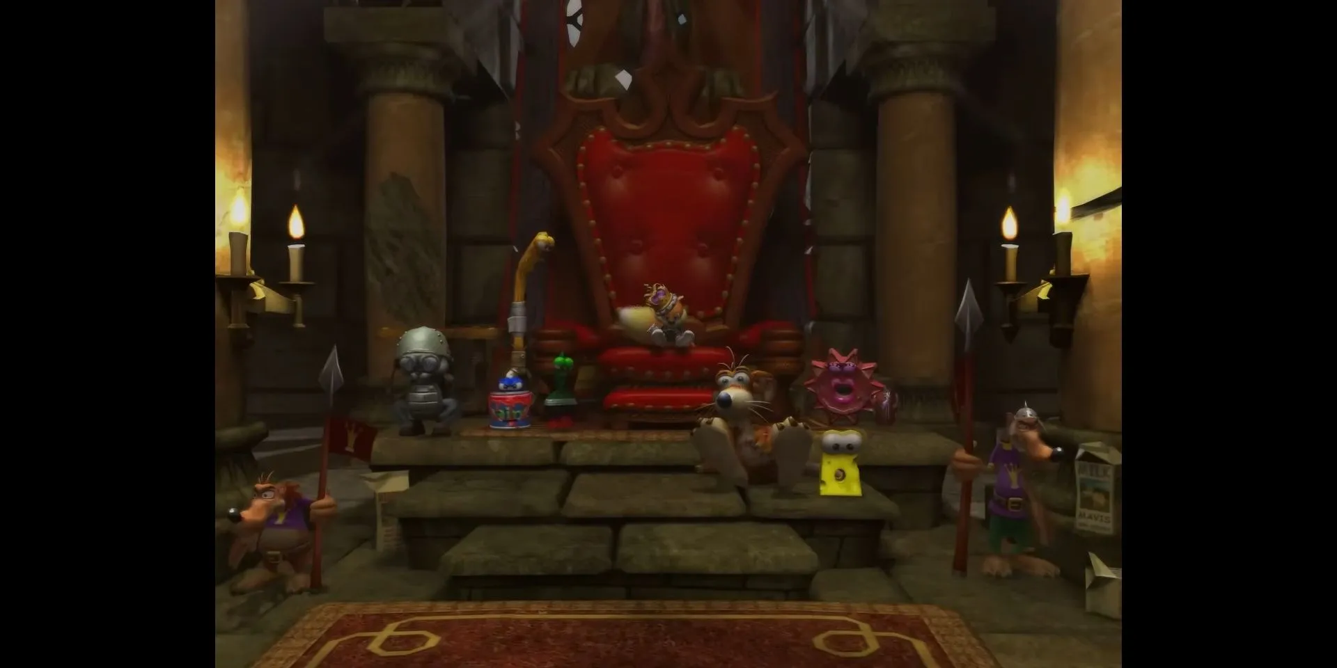 Conker ngồi trên ngai vàng với vẻ mặt cáu kỉnh trong Conker Live and Reloaded