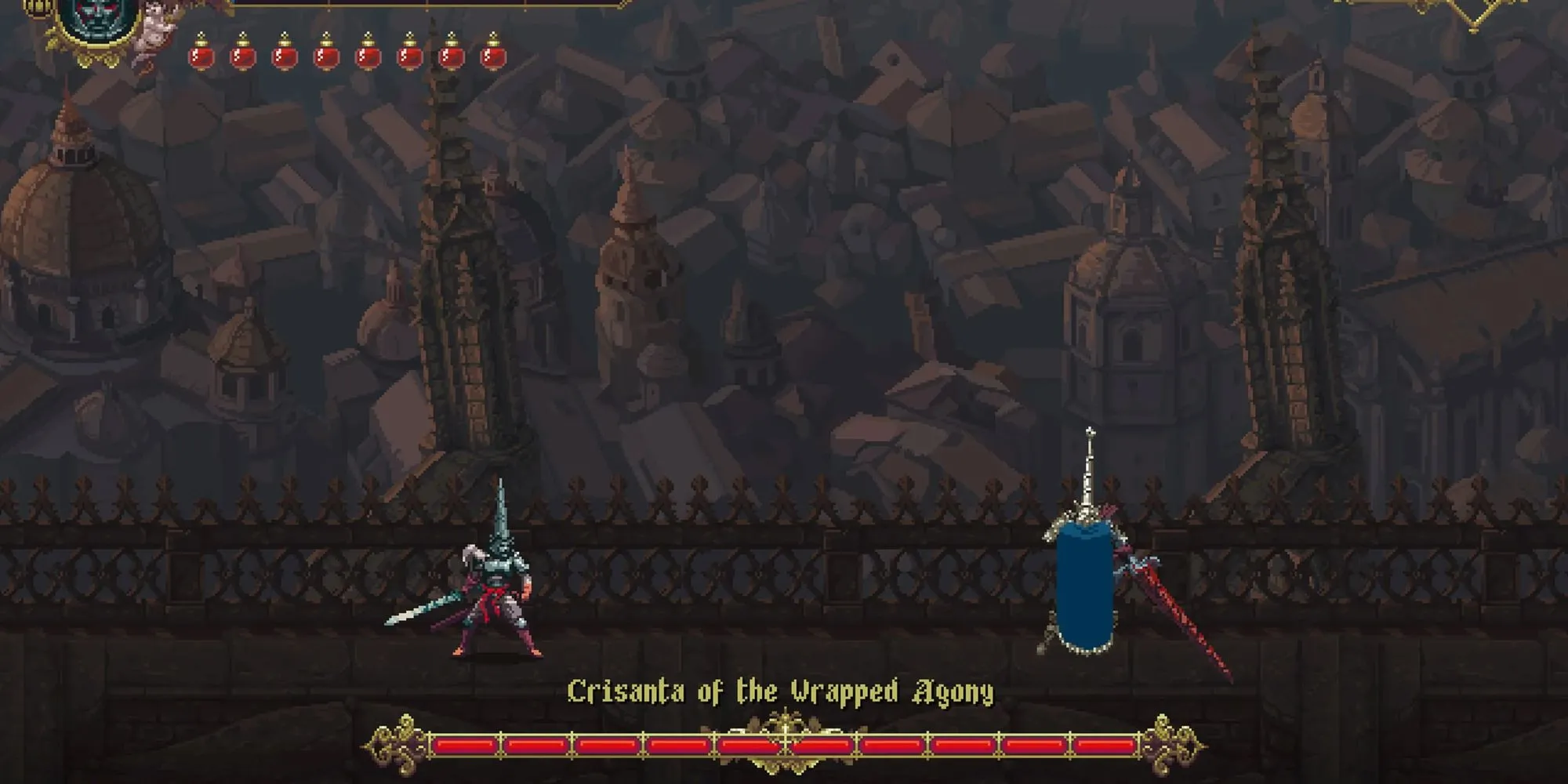 Crisanta of the Wrapped Agony trong Blasphemous với bộ kỹ năng tốc độ và hiệu ứng đẹp mắt