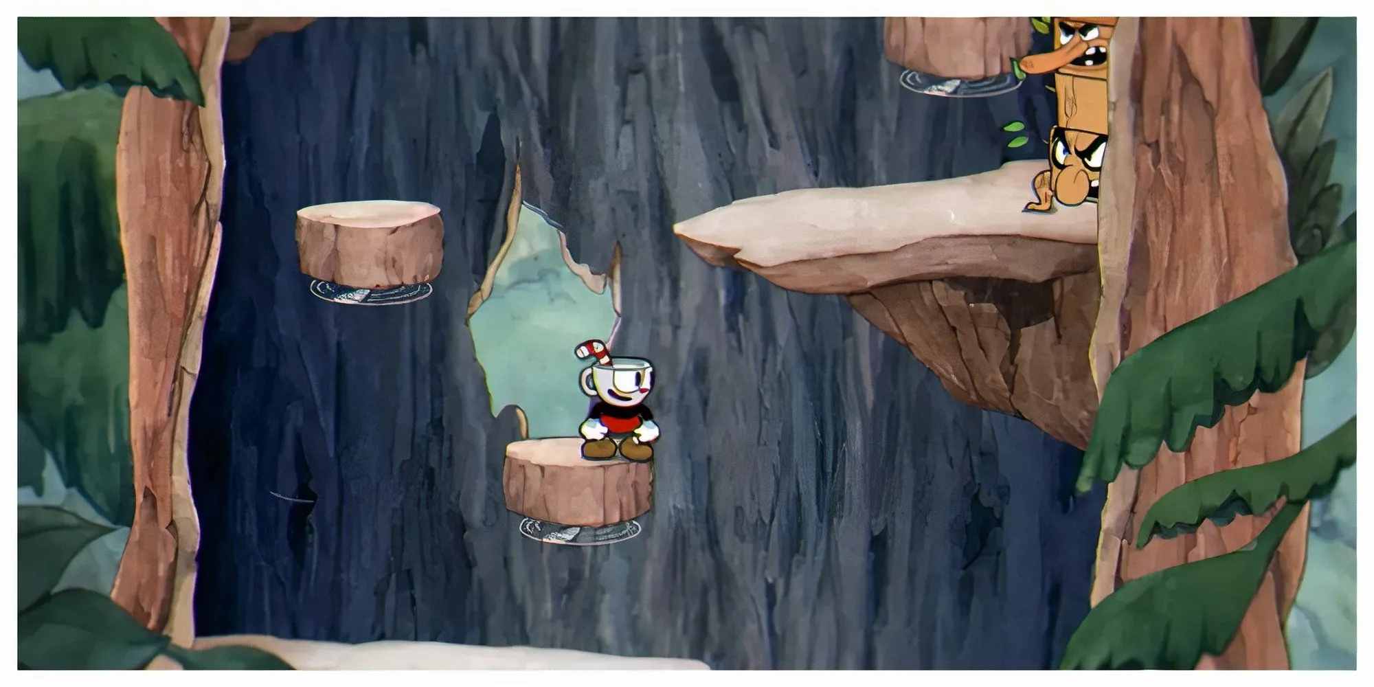 Cuphead và Mugman trong một trận đấu trùm đầy màu sắc và thử thách, phong cách hoạt hình cổ điển