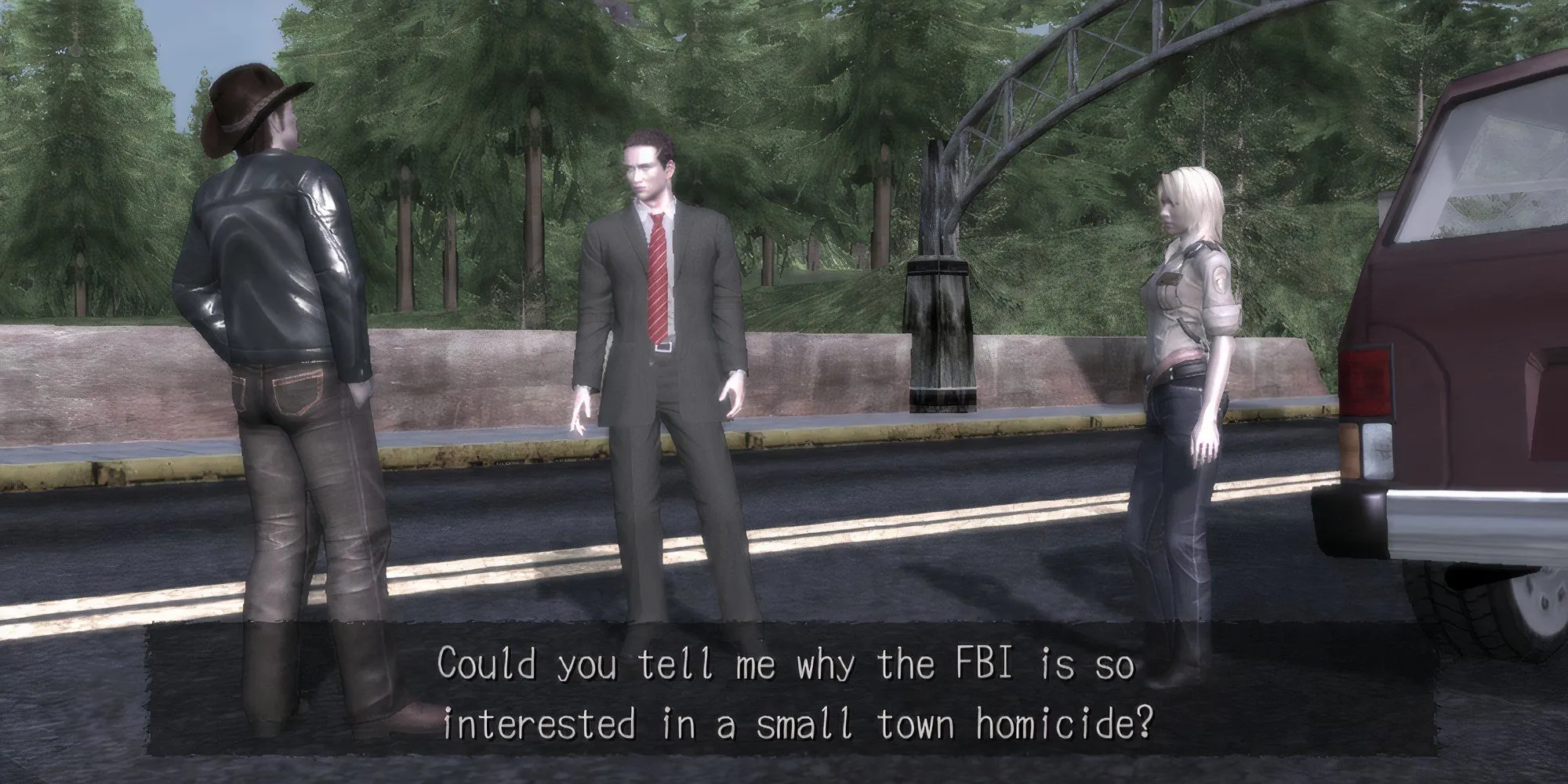Đặc vụ Francis York Morgan trong Deadly Premonition nói chuyện với các nhân vật khác bên cạnh xe ô tô
