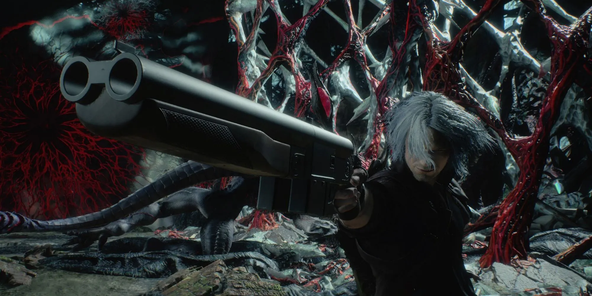 Dante ngắm bắn bằng khẩu shotgun Coyote-A quen thuộc trong Devil May Cry 5