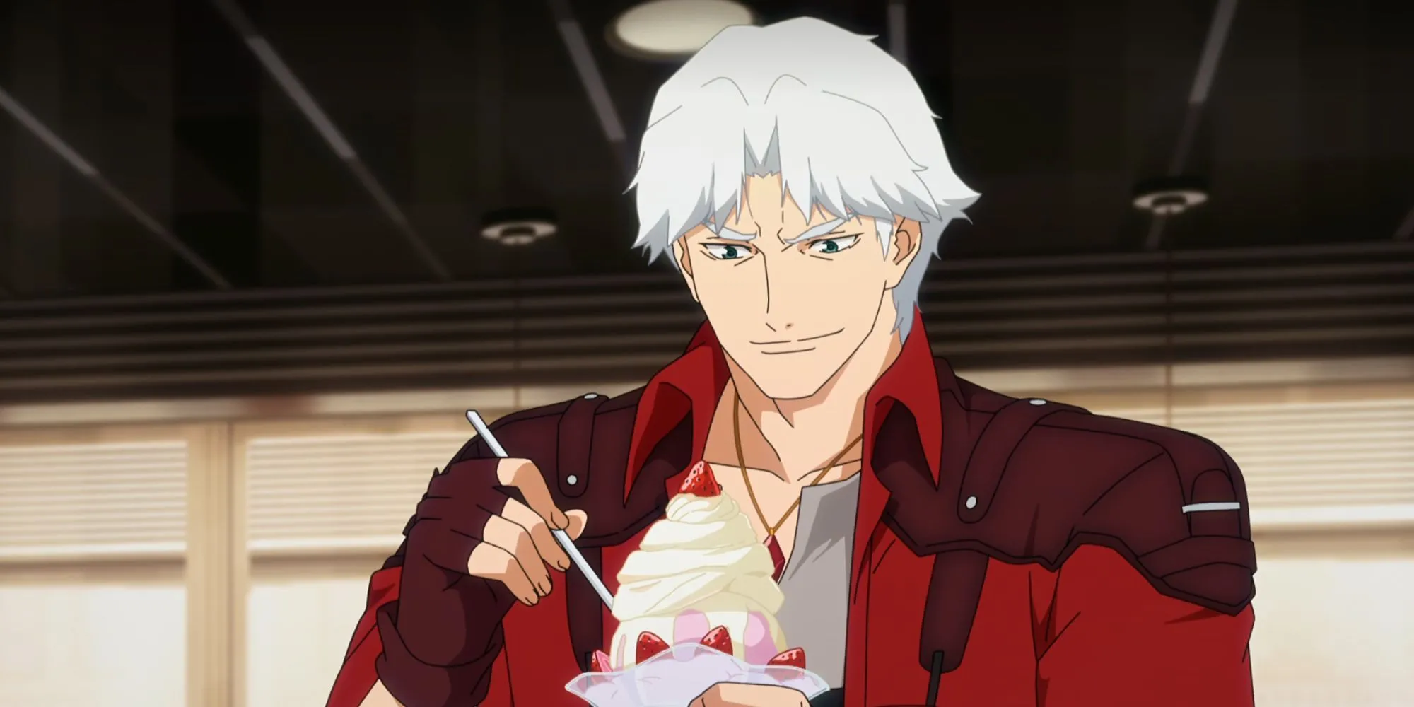 Dante trong Devil May Cry Netflix thưởng thức món kem ly dâu tây yêu thích tại Fredy Diner