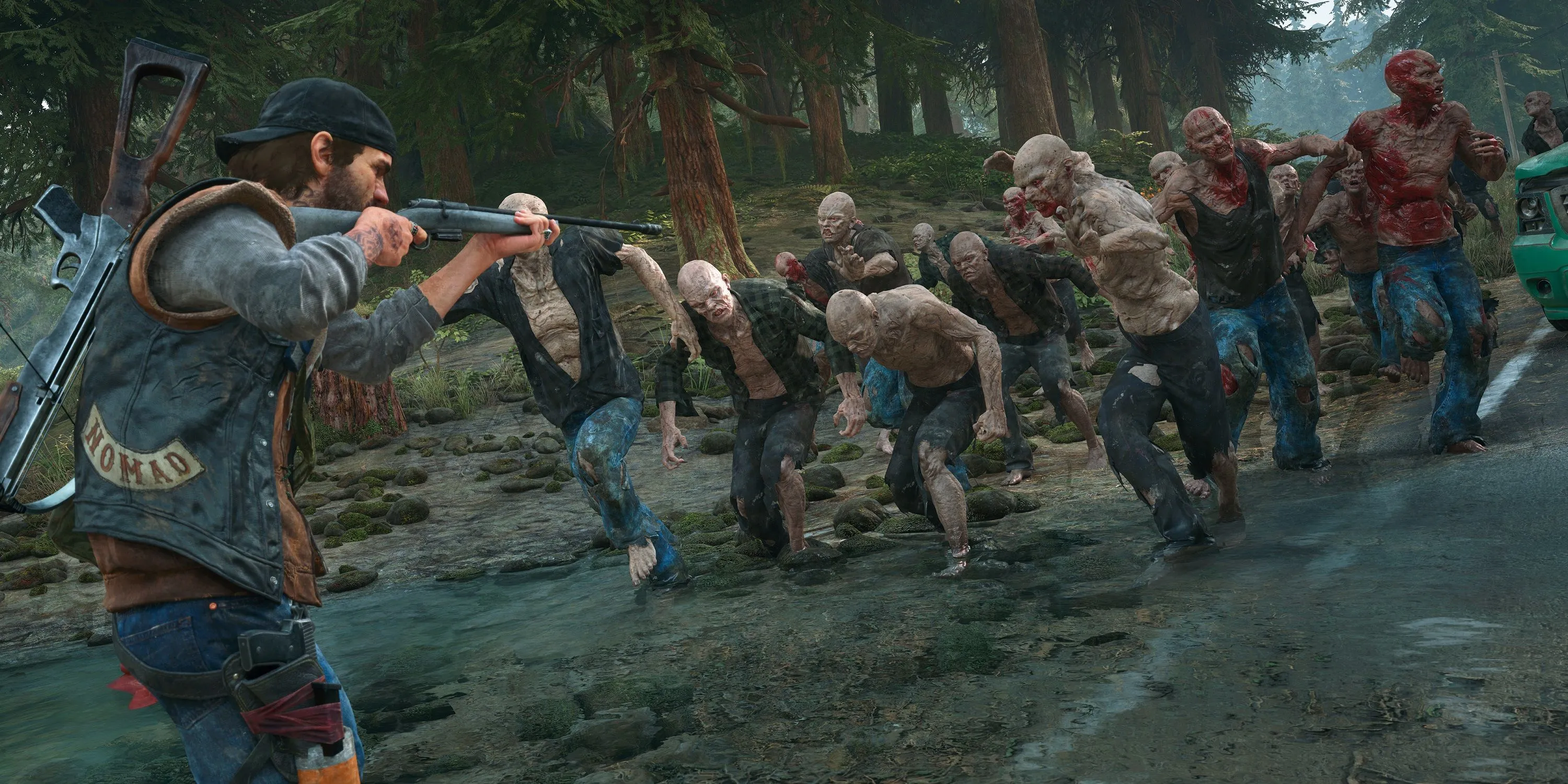 Deacon St. John chuẩn bị chiến đấu với bầy đàn Freaker đông đảo trong chế độ Horde Assault của Days Gone Remastered