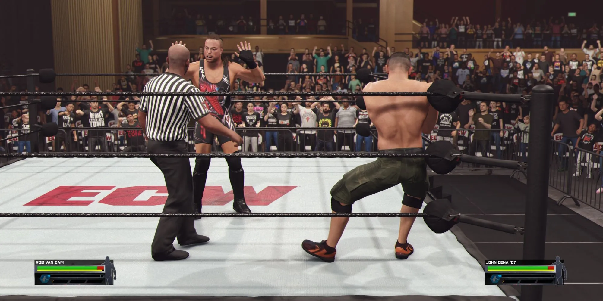 Đô vật RVD phản ứng sau khi nhận một đòn đánh lén (cheap shot) trong WWE 2K25 sau khi chuỗi chain wrestling kết thúc.