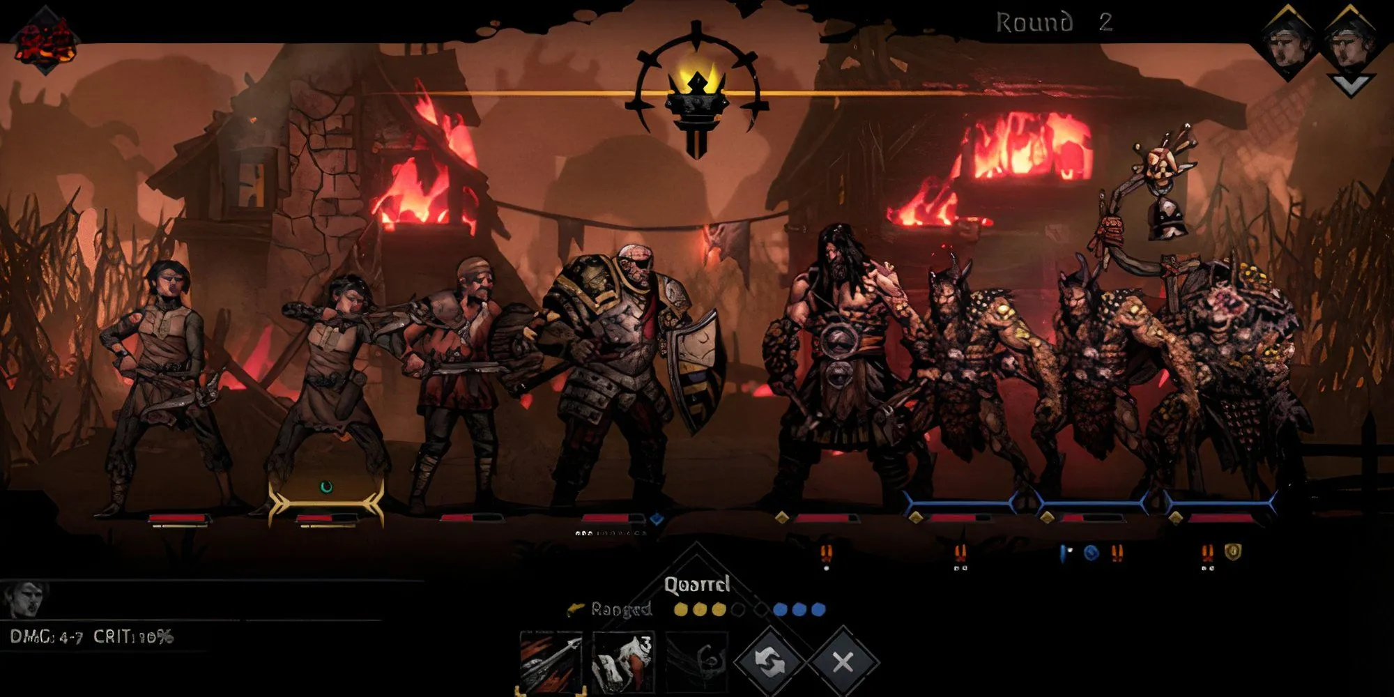 Đội hình nhân vật trong Darkest Dungeon đối đầu quái vật trong hầm ngục tối tăm, thể hiện cơ chế chiến đấu theo lượt và áp lực căng thẳng.