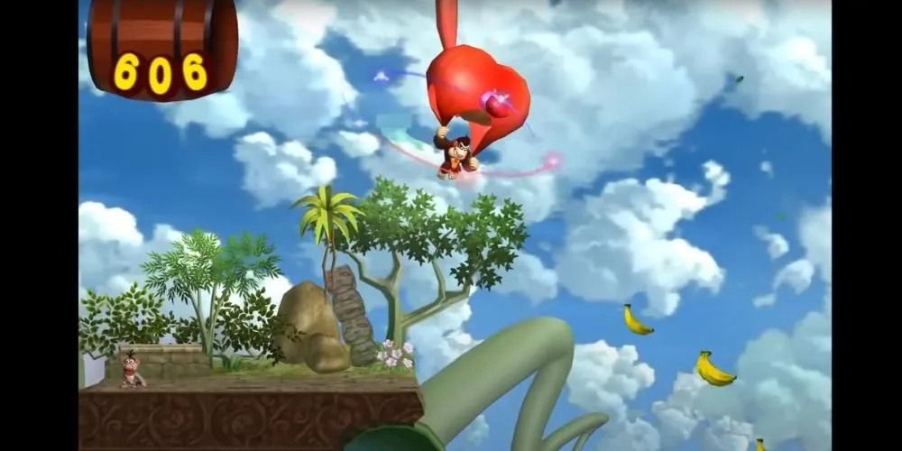 Donkey Kong đang nhảy dù xuống giữa trời, hướng về phía những quả chuối trong game Donkey Kong Jungle Beat