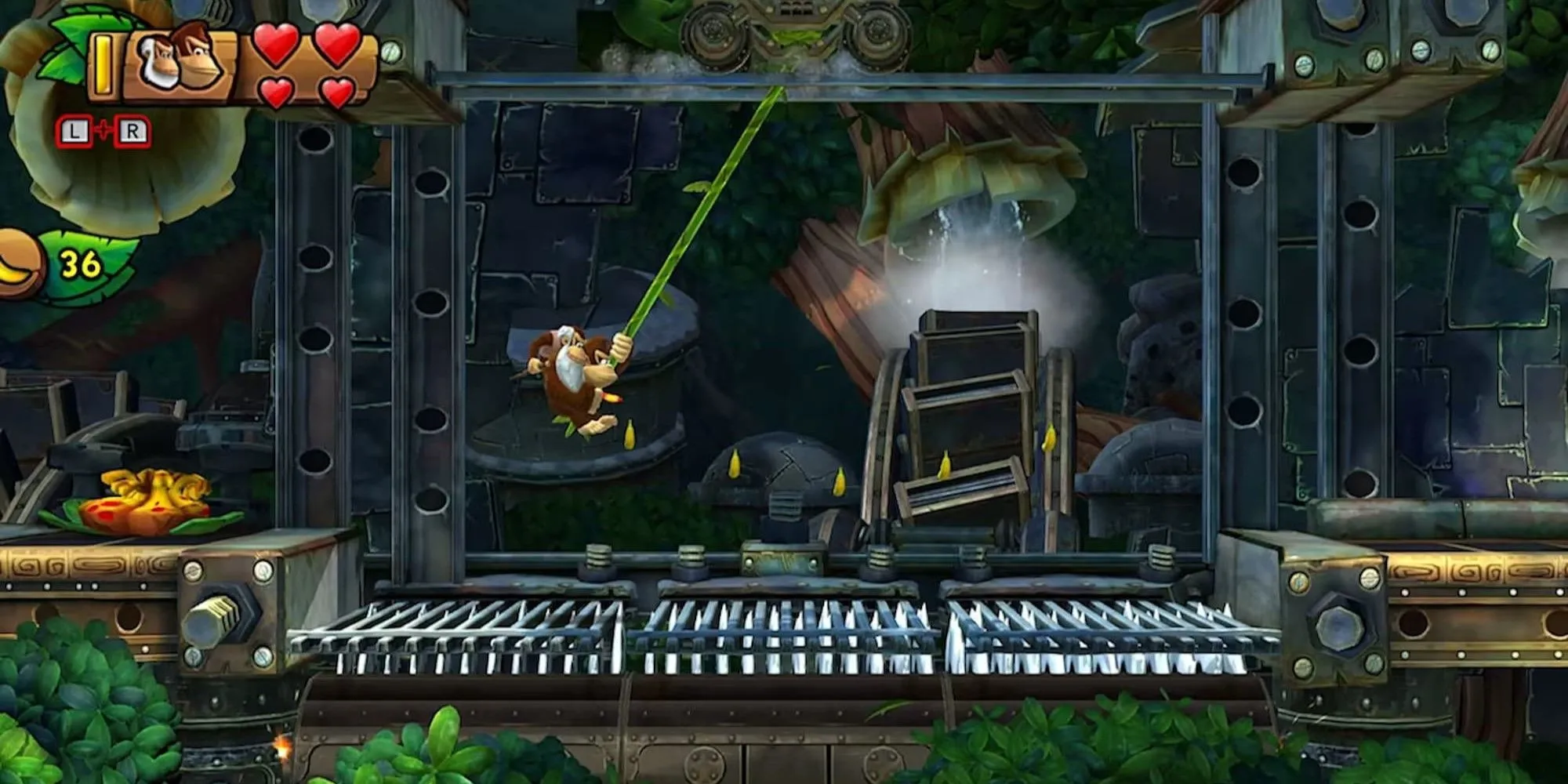 Donkey Kong đu dây vượt chướng ngại vật gai nhọn trong Tropical Freeze.