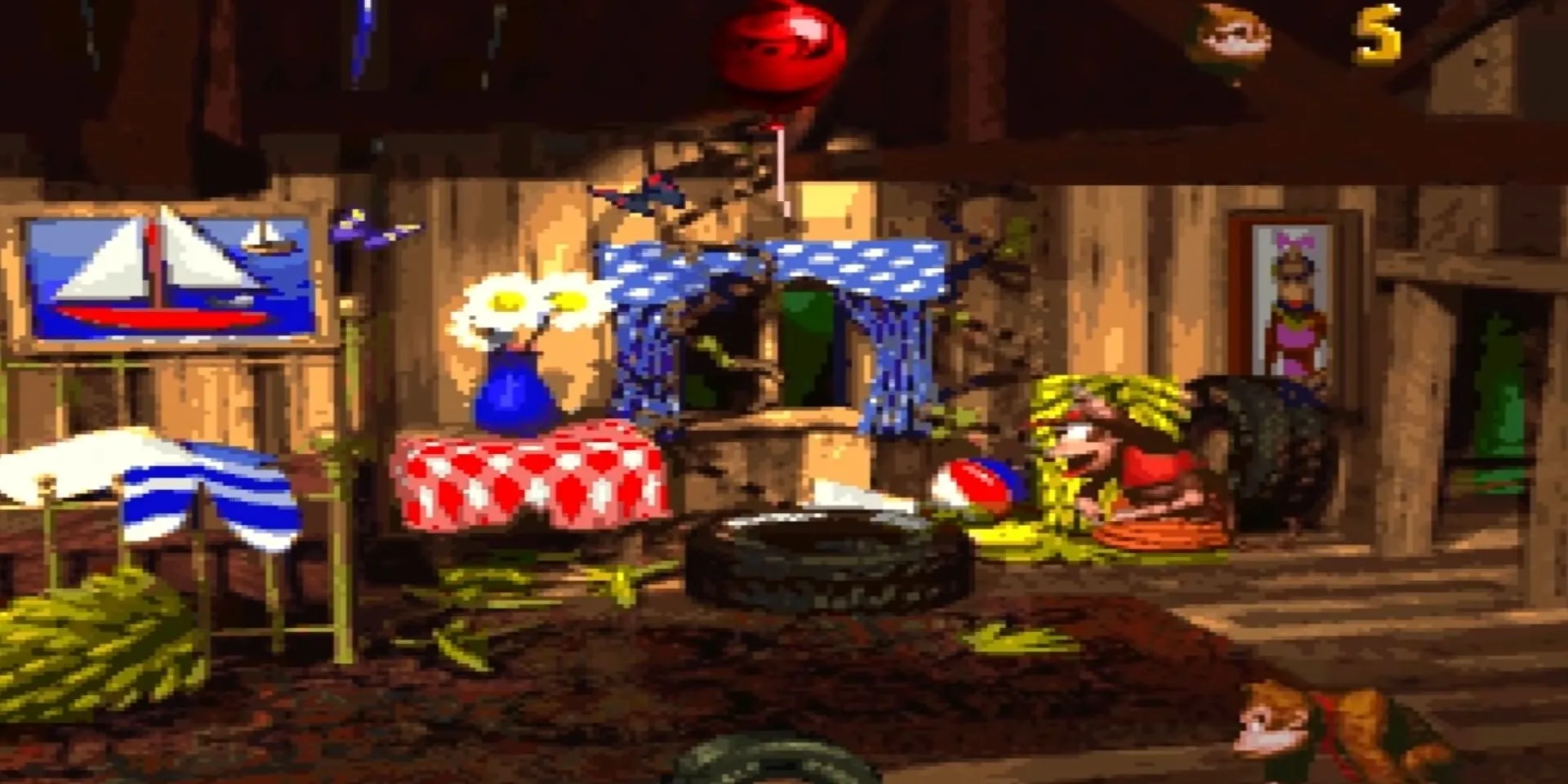 Donkey Kong và Diddy Kong trong bối cảnh nền tĩnh ấn tượng của Donkey Kong Country trên SNES