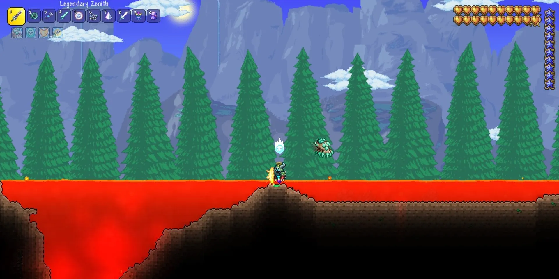 Dung nham chảy trên bề mặt trong thế giới pixel của Terraria với dòng chữ For The Worthy