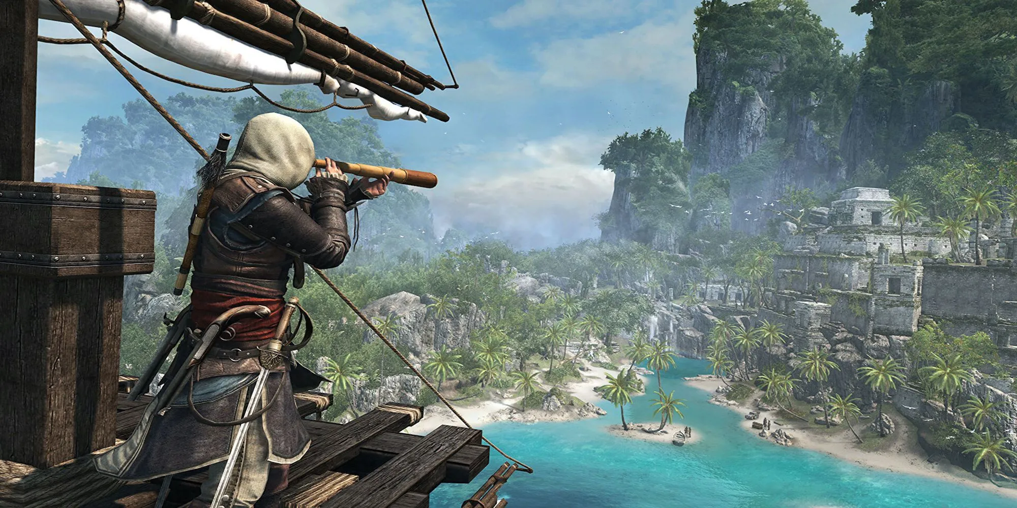 Edward Kenway trong Assassin's Creed Black Flag nhìn ra biển Caribe hùng vĩ từ một hòn đảo Nam Mỹ