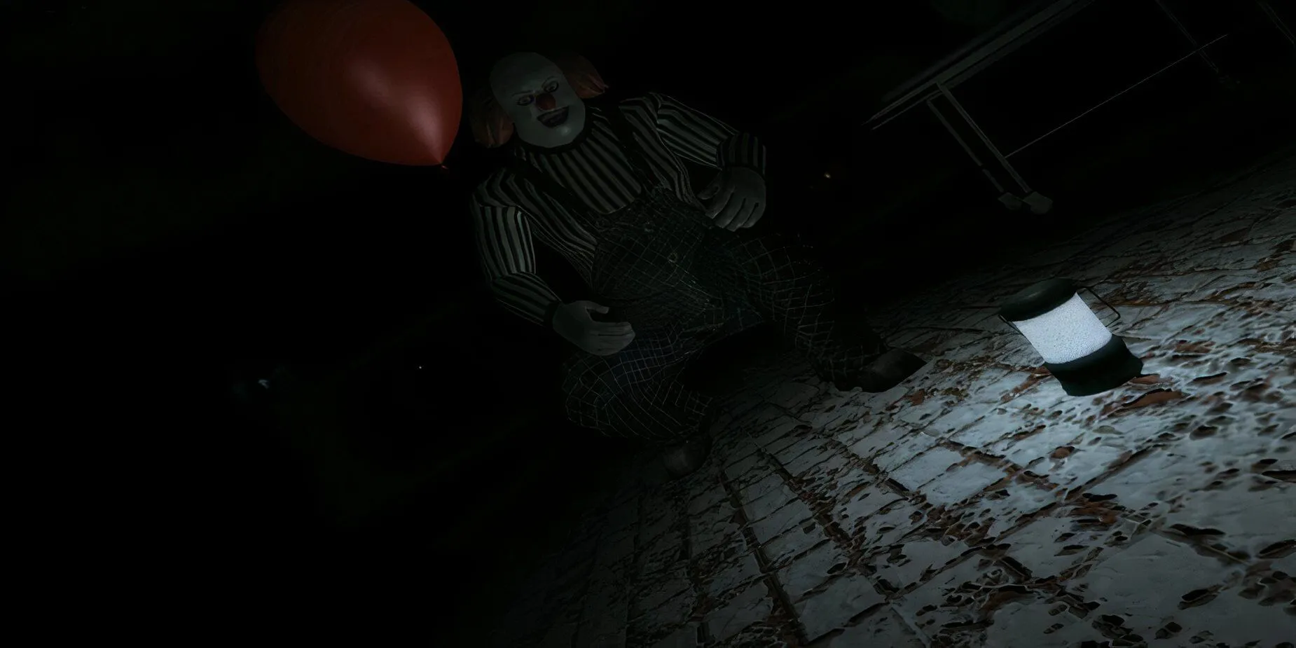 Gameplay Fear Of Clowns với một tên hề cầm bóng bay đỏ trong khung cảnh rùng rợn