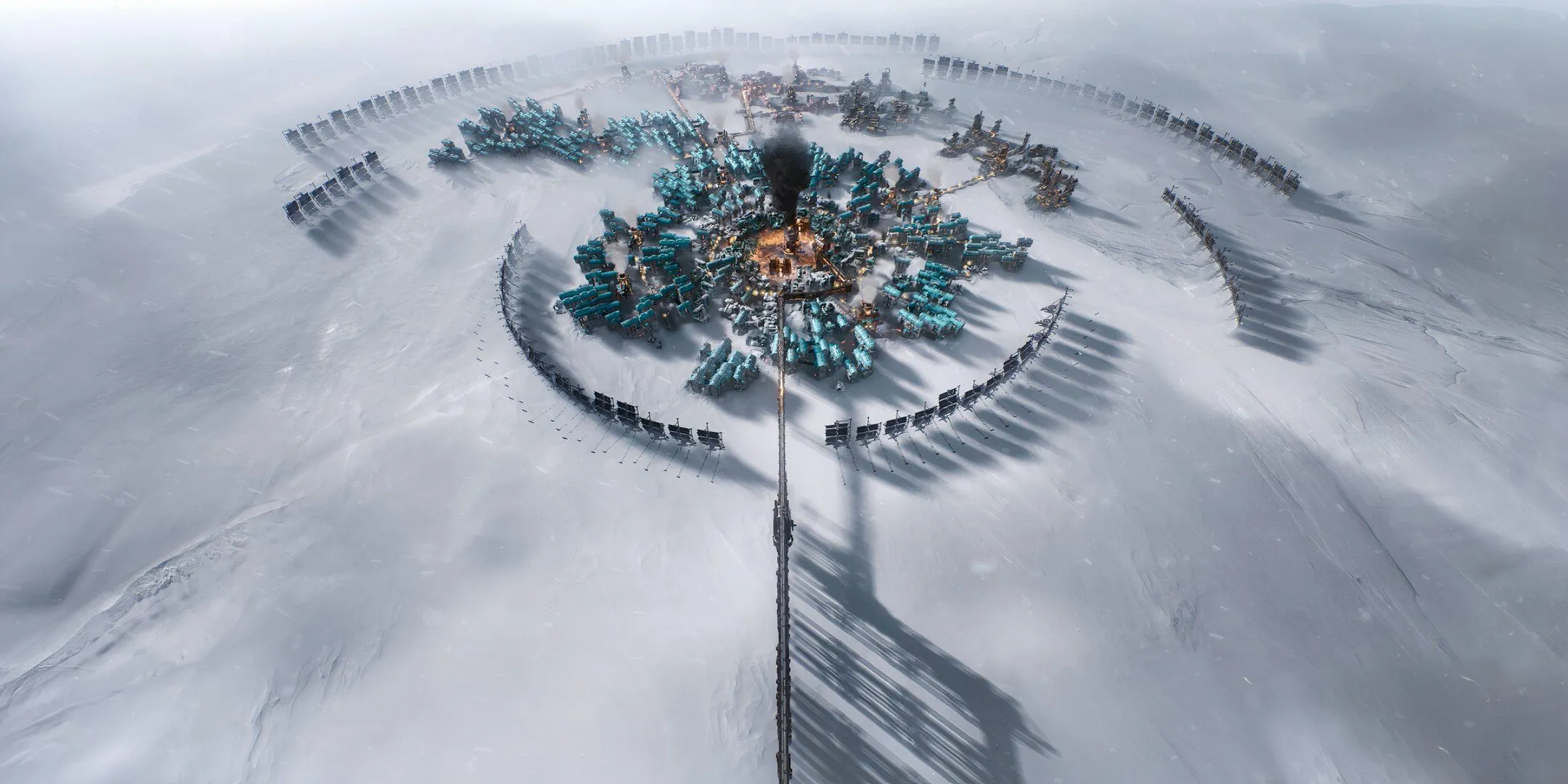 Gameplay Frostpunk 2 thể hiện khung cảnh thành phố băng giá và giao diện quản lý tài nguyên