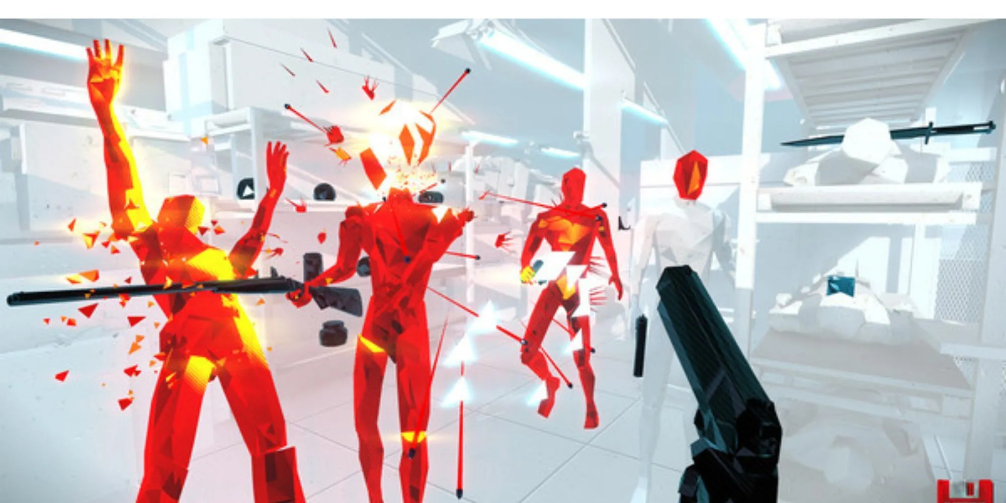 Gameplay SUPERHOT với nhiều kẻ địch màu đỏ đa giác đang vỡ tan trong môi trường trắng