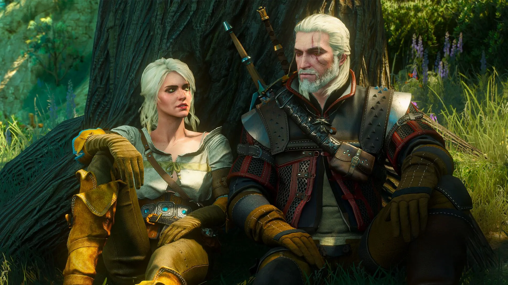 Geralt và Ciri trong The Witcher 3 đứng giữa khung cảnh tuyết rơi