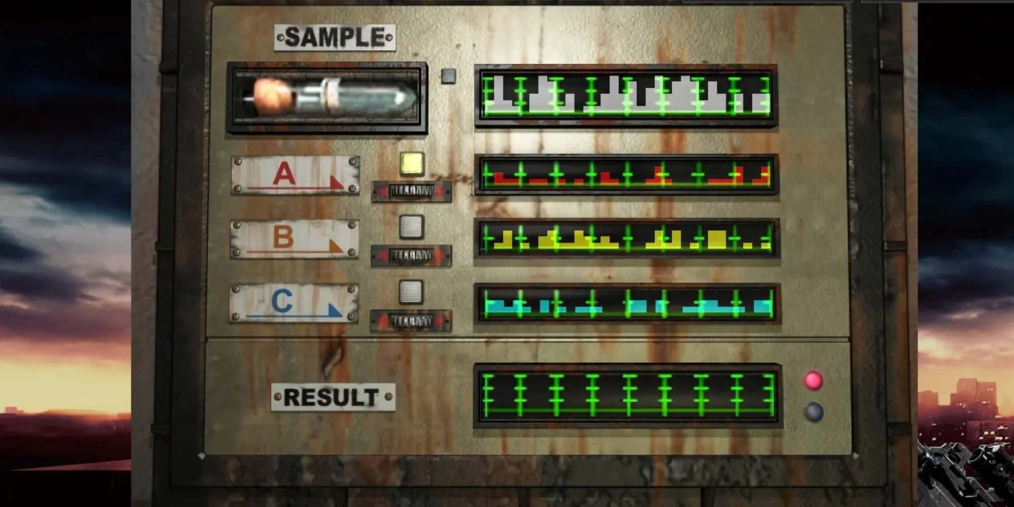 Giao diện câu đố pha chế mẫu nước trong game kinh dị Resident Evil 3