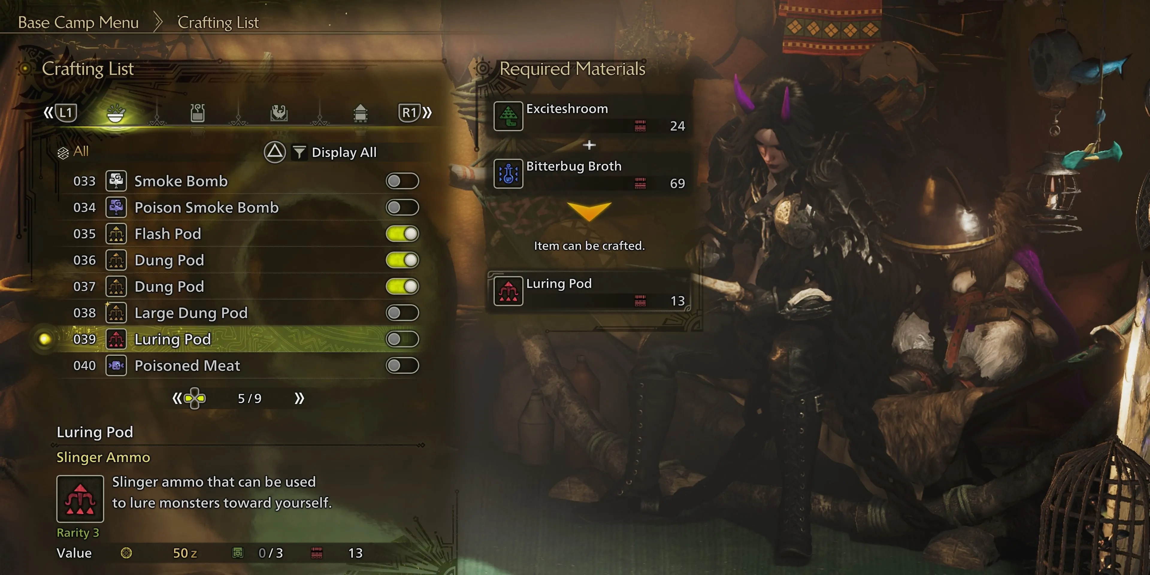 Giao diện chế tạo Luring Pod trong Monster Hunter Wilds, một công cụ hữu ích để dụ quái vật