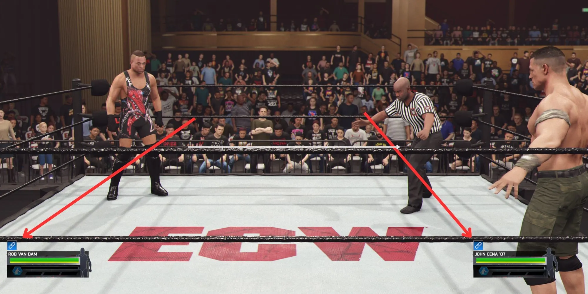 Hướng Dẫn Chain Wrestling WWE 2K25: Nắm Vững Từ Khởi Động Đến Thực Hiện 1 Giao diện hai đô vật chuẩn bị thực hiện chain wrestling trong WWE 2K25 với biểu tượng khóa siết.
