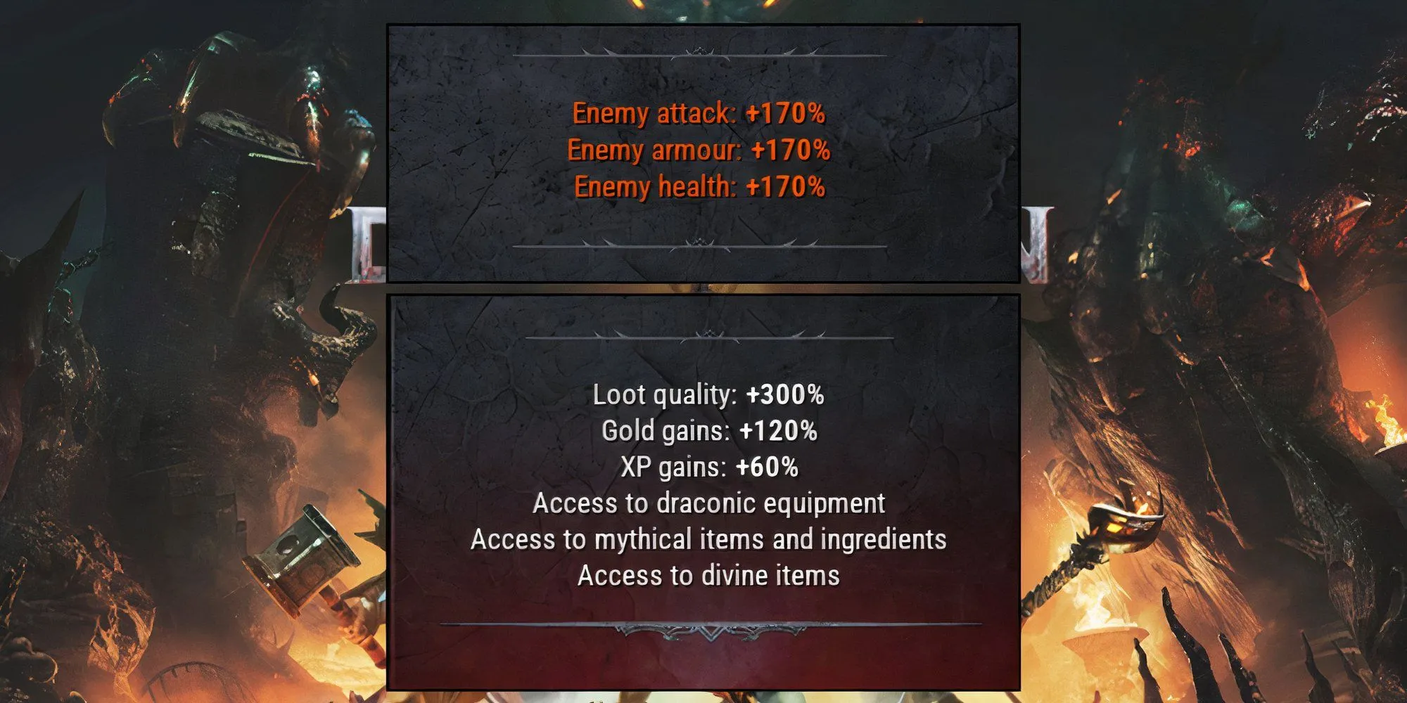 Giao diện hiển thị các chỉ số thay đổi (XP, chất lượng loot) theo độ khó trong Dragonkin The Banished