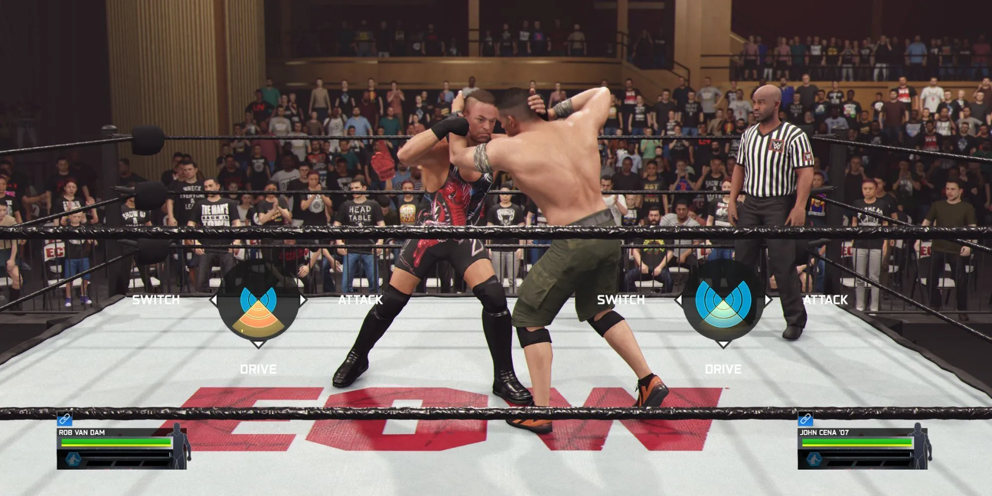 Giao diện HUD hiển thị các tùy chọn đòn thế chain wrestling trong WWE 2K25 như Drive, Switch, Wrench, Attack.