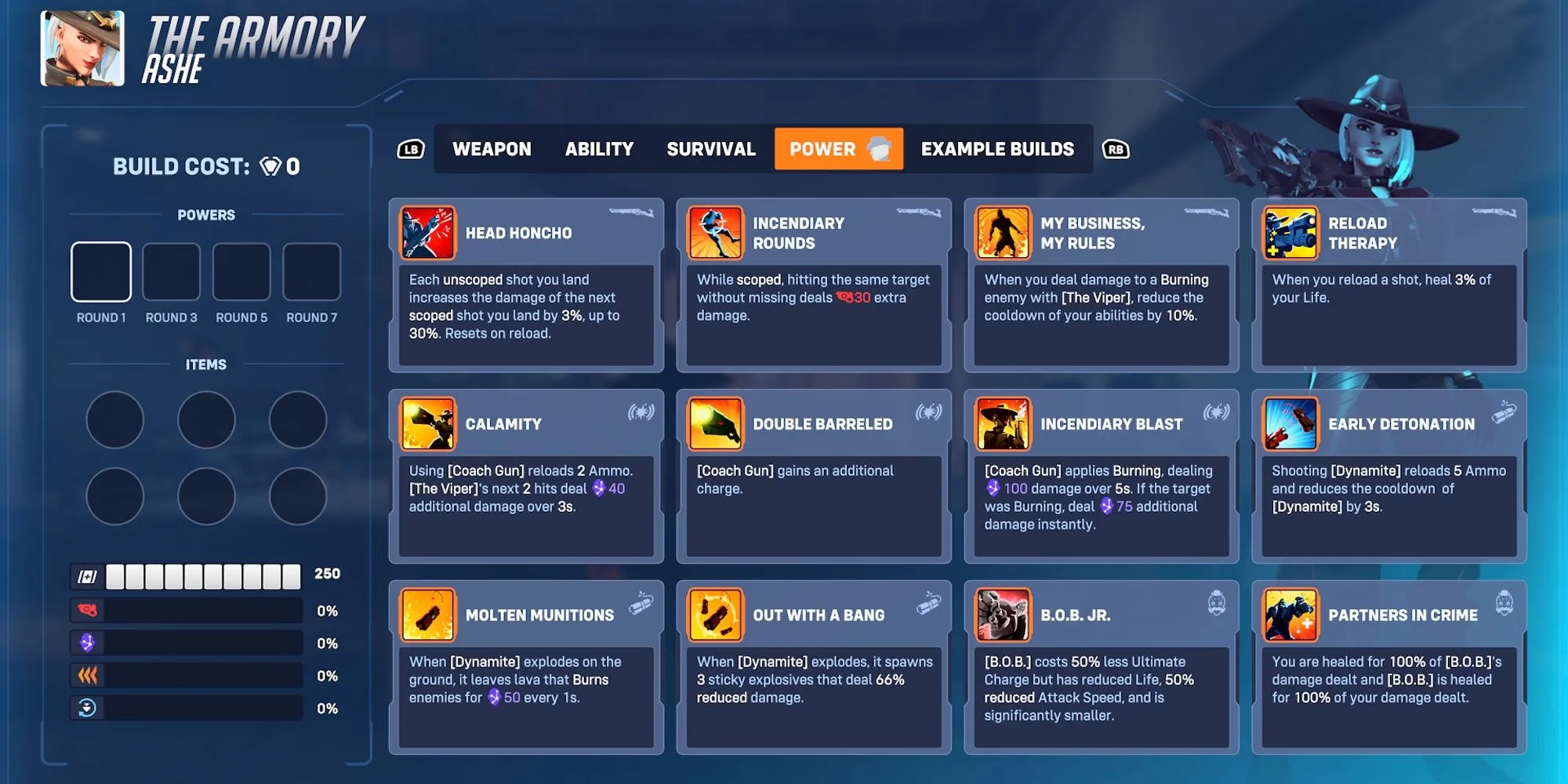 Giao diện Kho Vũ Khí (Armory) trong Chế độ Stadium Overwatch 2, nơi người chơi mua Powers và Abilities