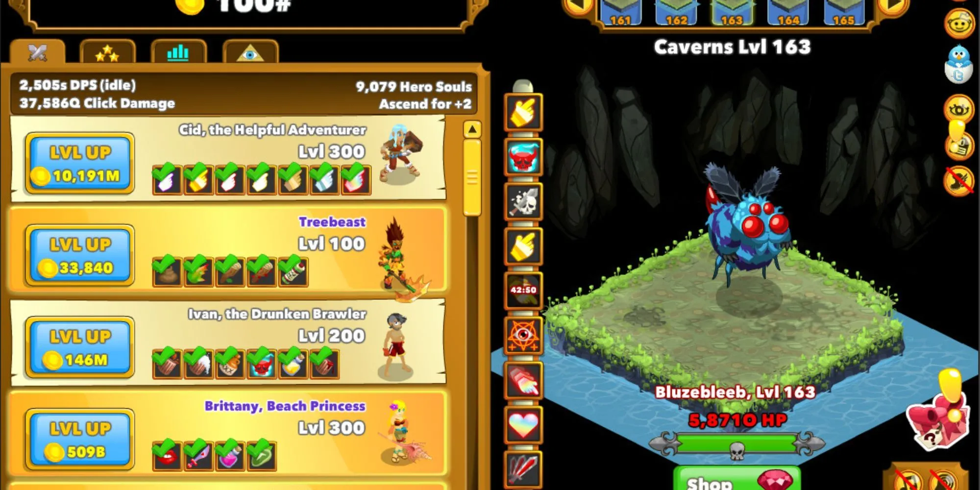 Giao diện màn hình nâng cấp anh hùng và vượt ải trong game Clicker Heroes