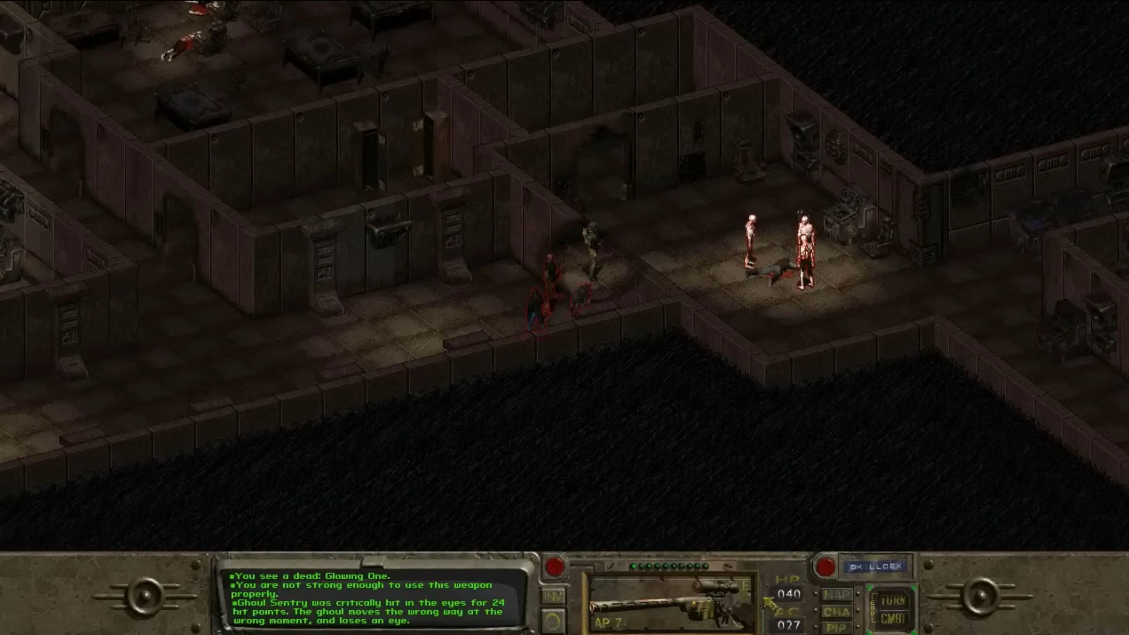 Giao diện người chơi và cảnh chiến đấu trong game Fallout cổ điển
