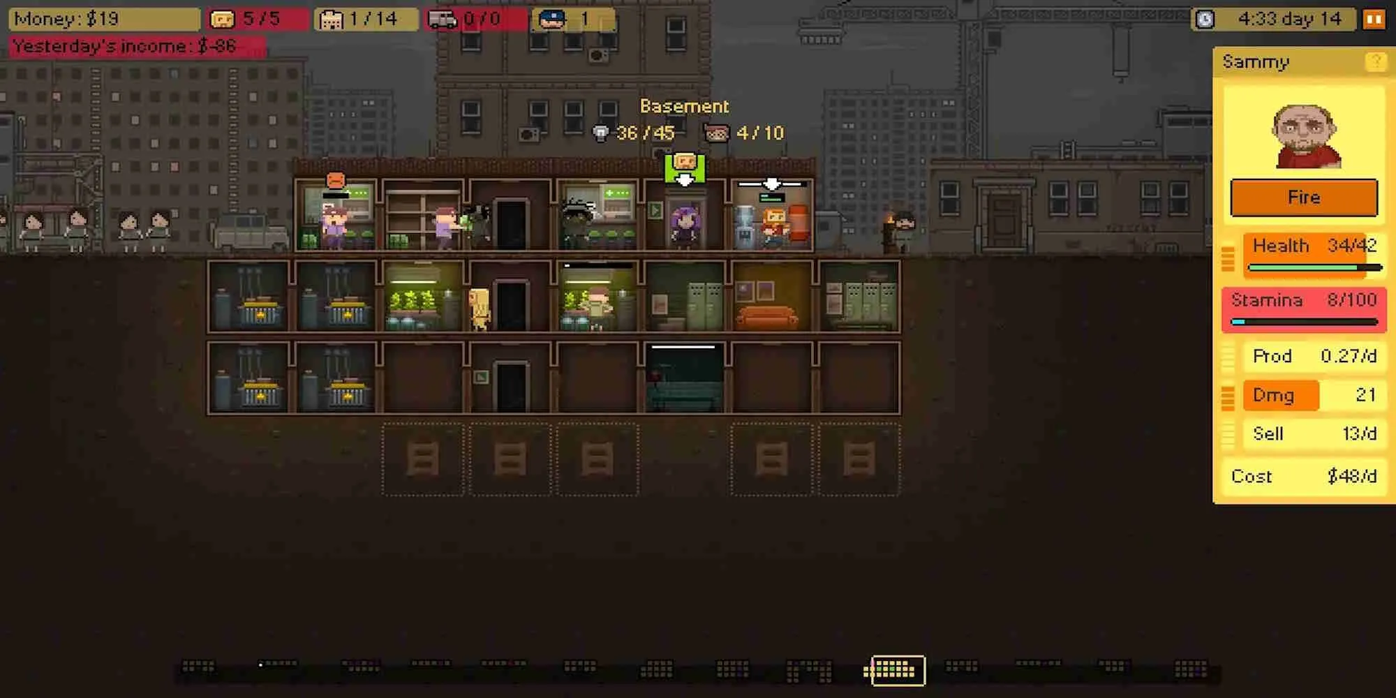 Giao diện quản lý trong game Basement, nơi người chơi xây dựng và mở rộng cơ sở sản xuất chất cấm dưới tầng hầm.