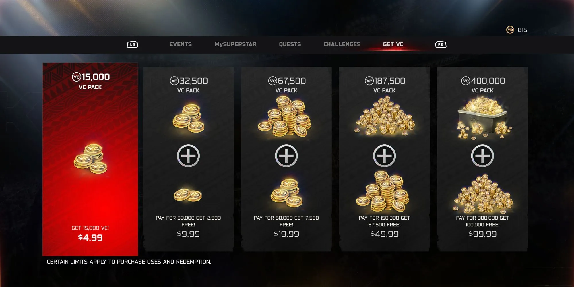 Giao diện thông báo nhận được VC trong game WWE 2K25