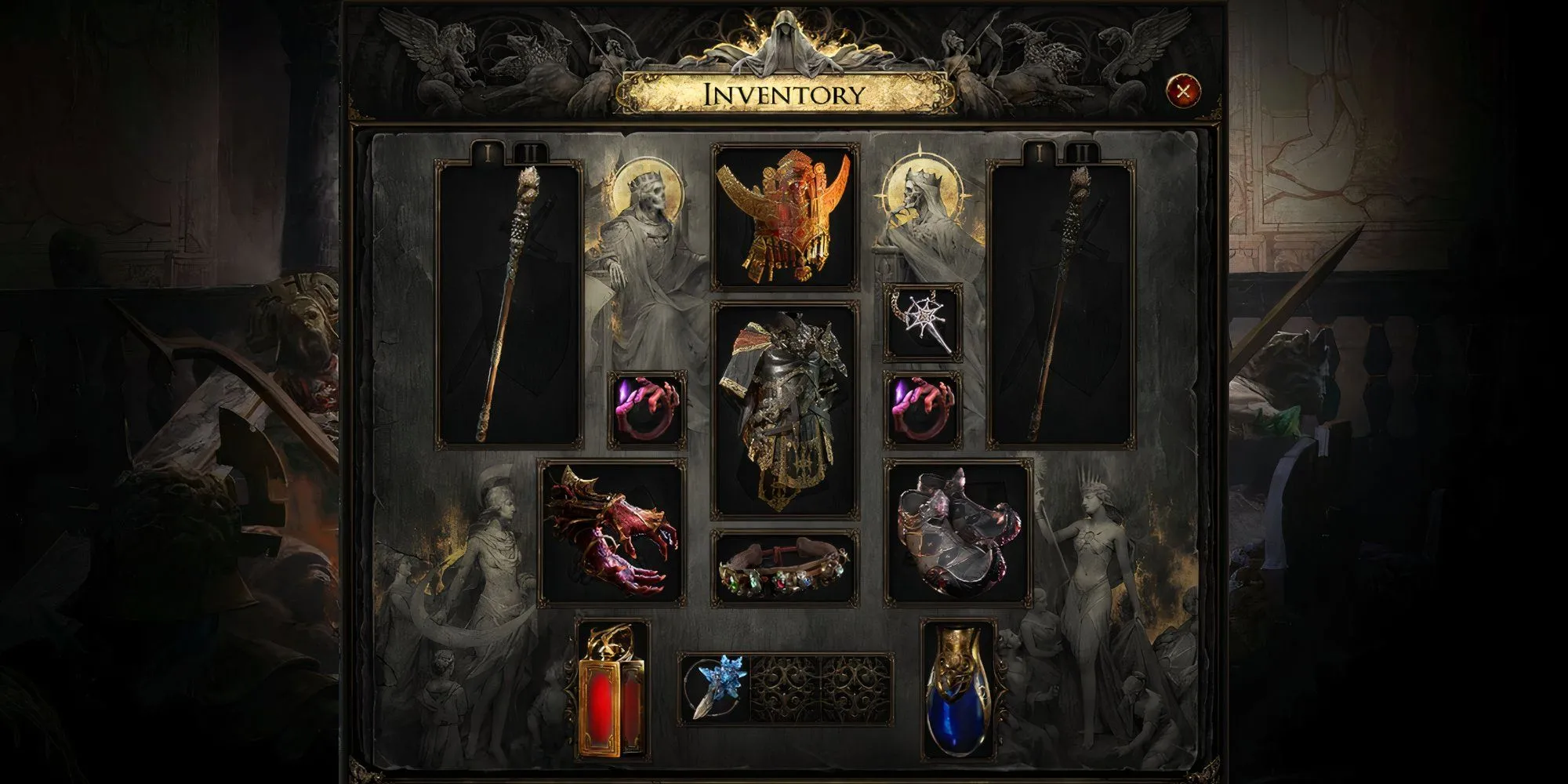 Giao diện trang bị của nhân vật, nơi chứa các unique item cho build Mercenary PoE2