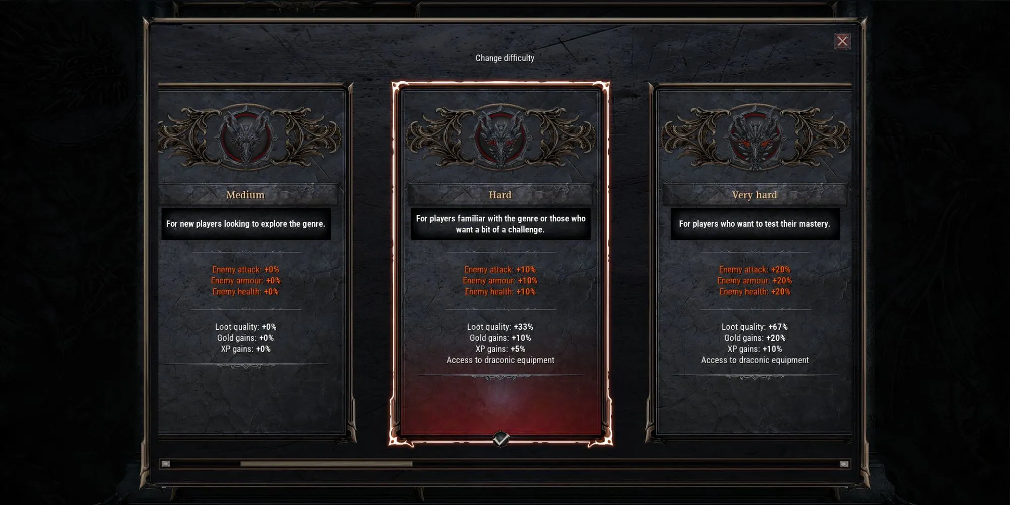 Giao diện tùy chỉnh mức độ khó dễ của game Dragonkin The Banished tại Đồn Trú Của The Order