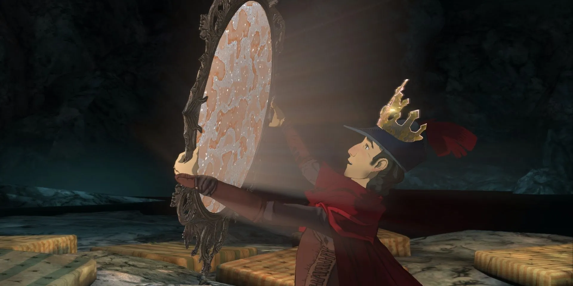 Graham cầm một chiếc gương phản chiếu trong game King's Quest 2015