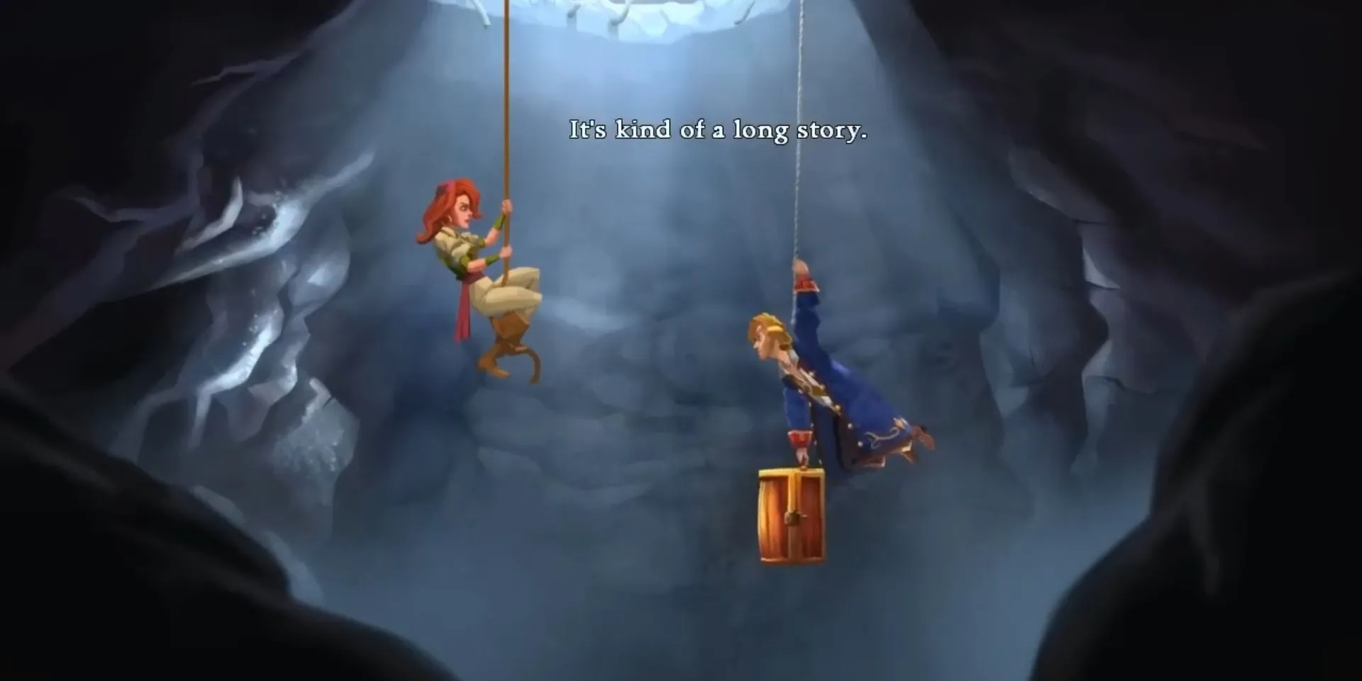 Guybrush Threepwood và Elaine đu dây trong Monkey Island 2 LeChuck’s Revenge