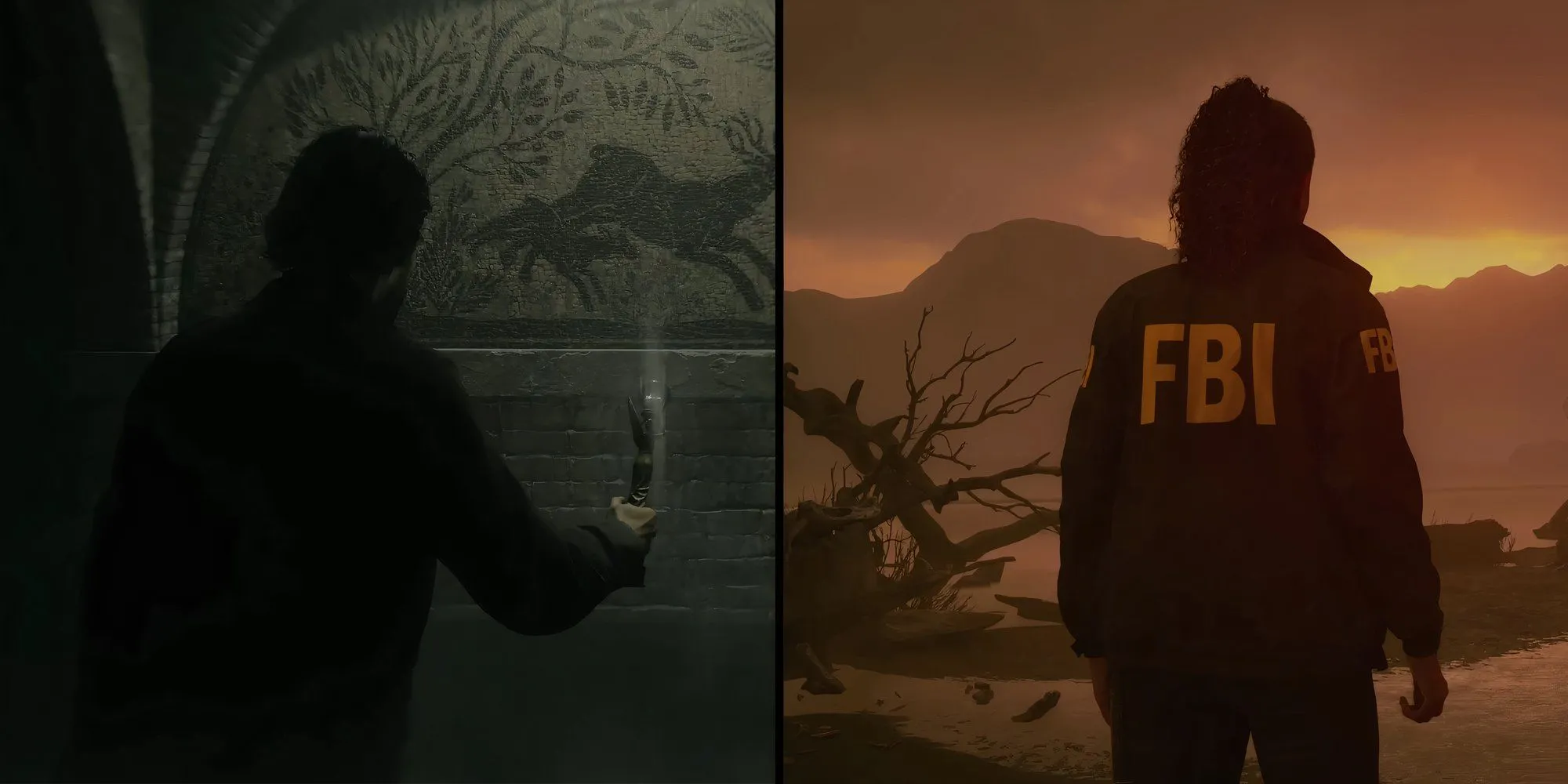 Hai nhân vật chính Alan Wake và Saga Anderson quay lưng lại trong các môi trường khác nhau trong Alan Wake 2