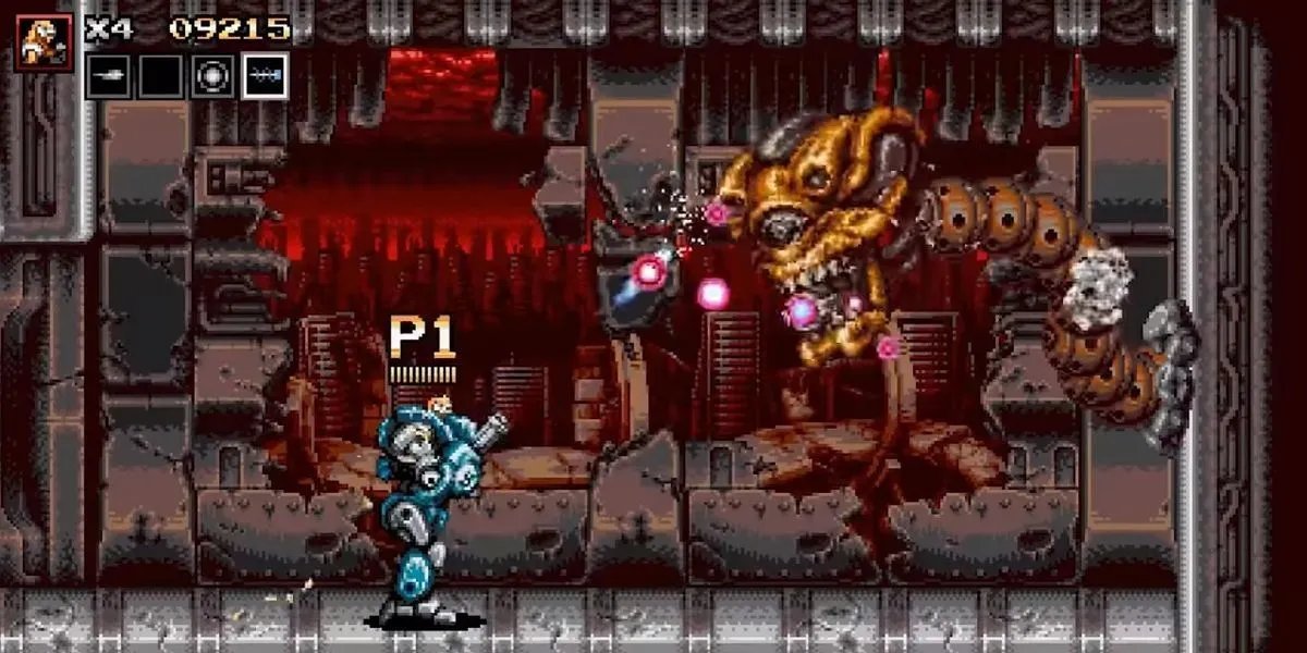 Hai nhân vật trong Blazing Chrome chiến đấu ác liệt chống lại kẻ thù robot trong một môi trường đổ nát