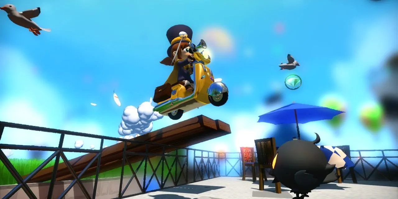 Hat Kid đang cưỡi scooter trong một màn chơi của A Hat in Time, tựa game platformer với nhiều thử thách tốc độ