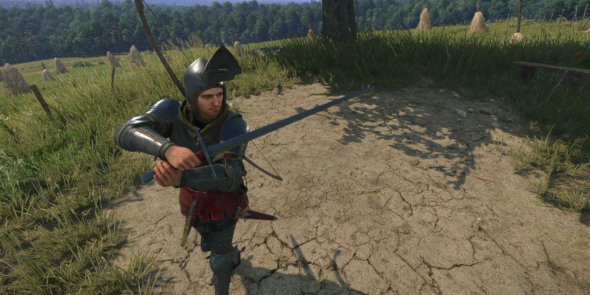 Henry cầm Trường Kiếm của Sư Phụ Menhart trong Kingdom Come Deliverance 2