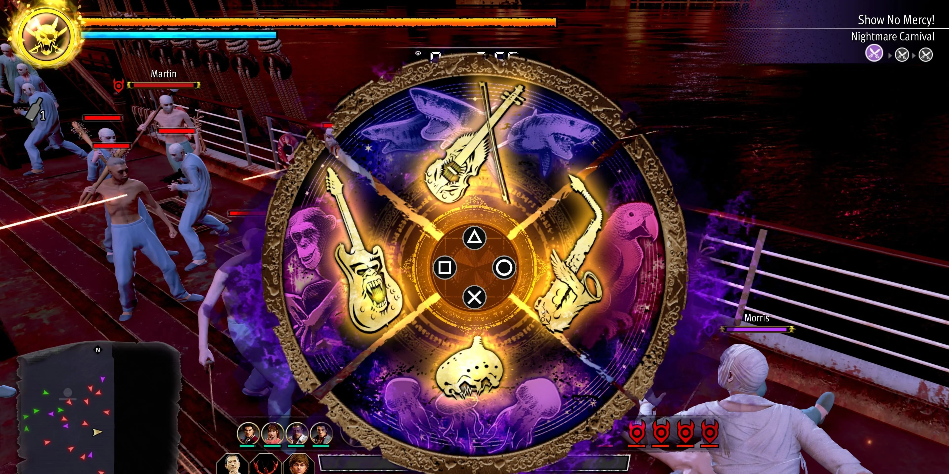 Hình ảnh bốn Dark Instruments trong game Like a Dragon: Pirate Yakuza với các hiệu ứng khác nhau