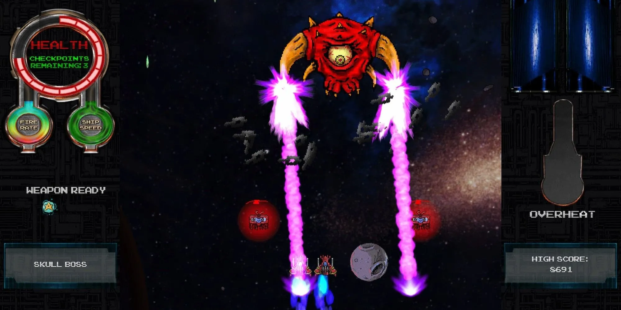 Hình ảnh gameplay của Galagan's Island: Reprymian Rising, một game bắn súng không gian phong cách arcade.