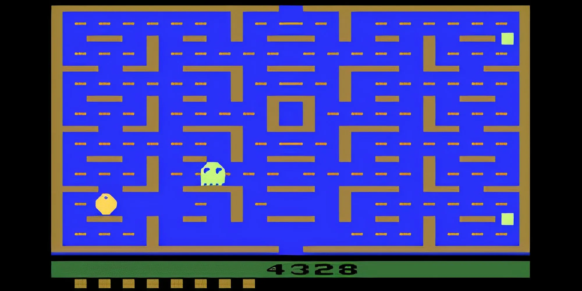 Hình ảnh gameplay của Pac-Man trên hệ máy Atari 2600 với đồ họa sơ sài