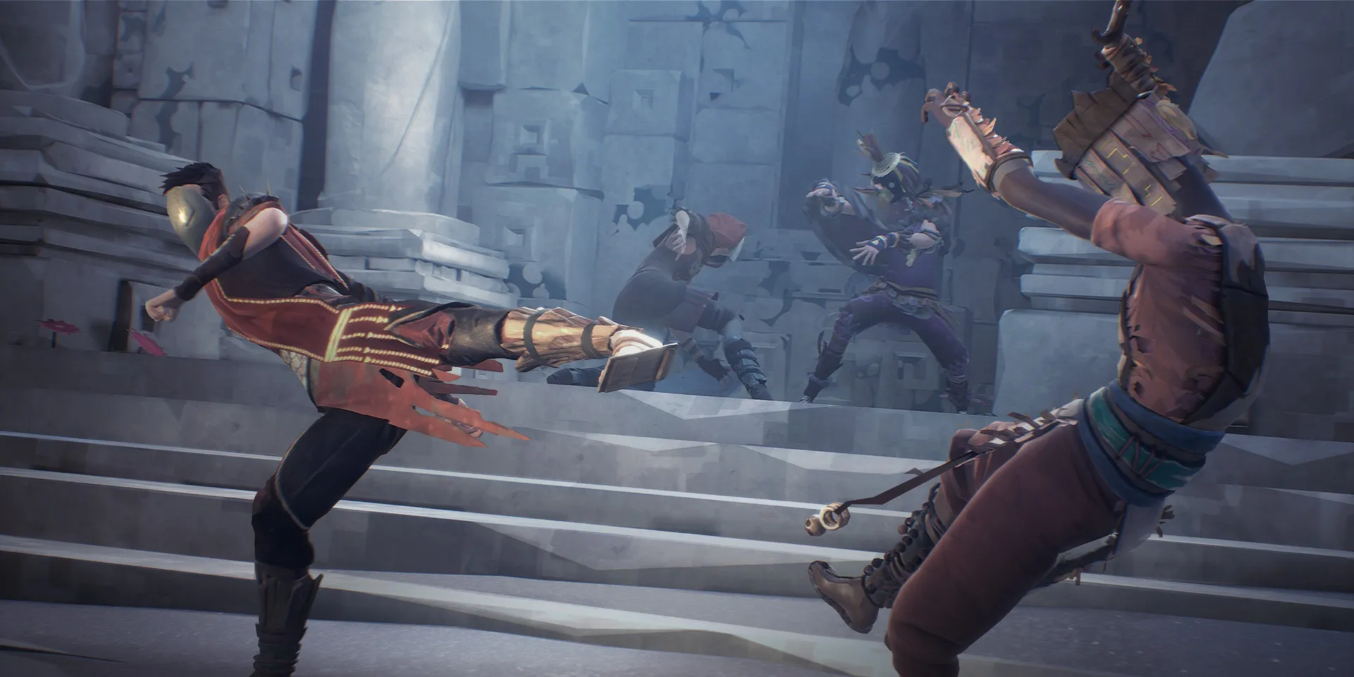 Hình ảnh gameplay của trò chơi đối kháng Absolver với nhân vật đeo mặt nạ thực hiện chiêu thức võ thuật