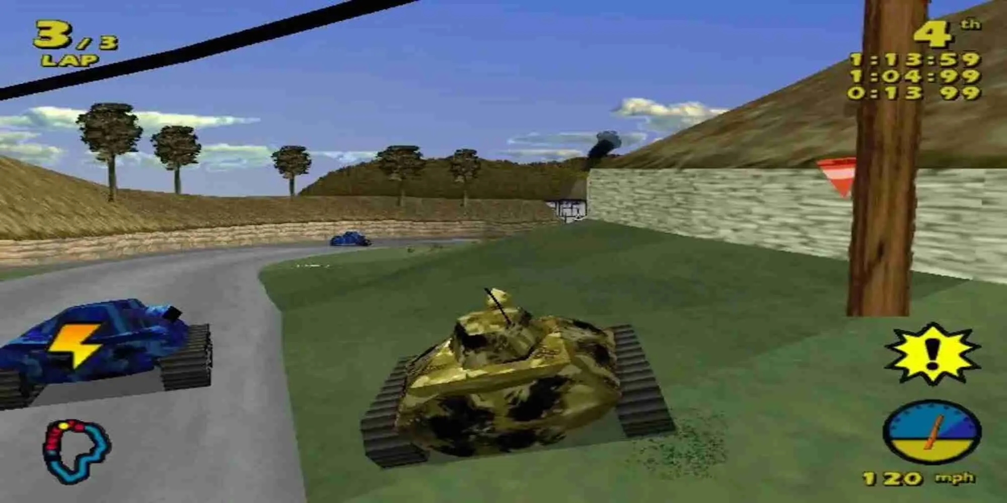 Hình ảnh gameplay Tank Racer PS1 cho thấy một chiếc xe tăng đang đua và phá hủy môi trường