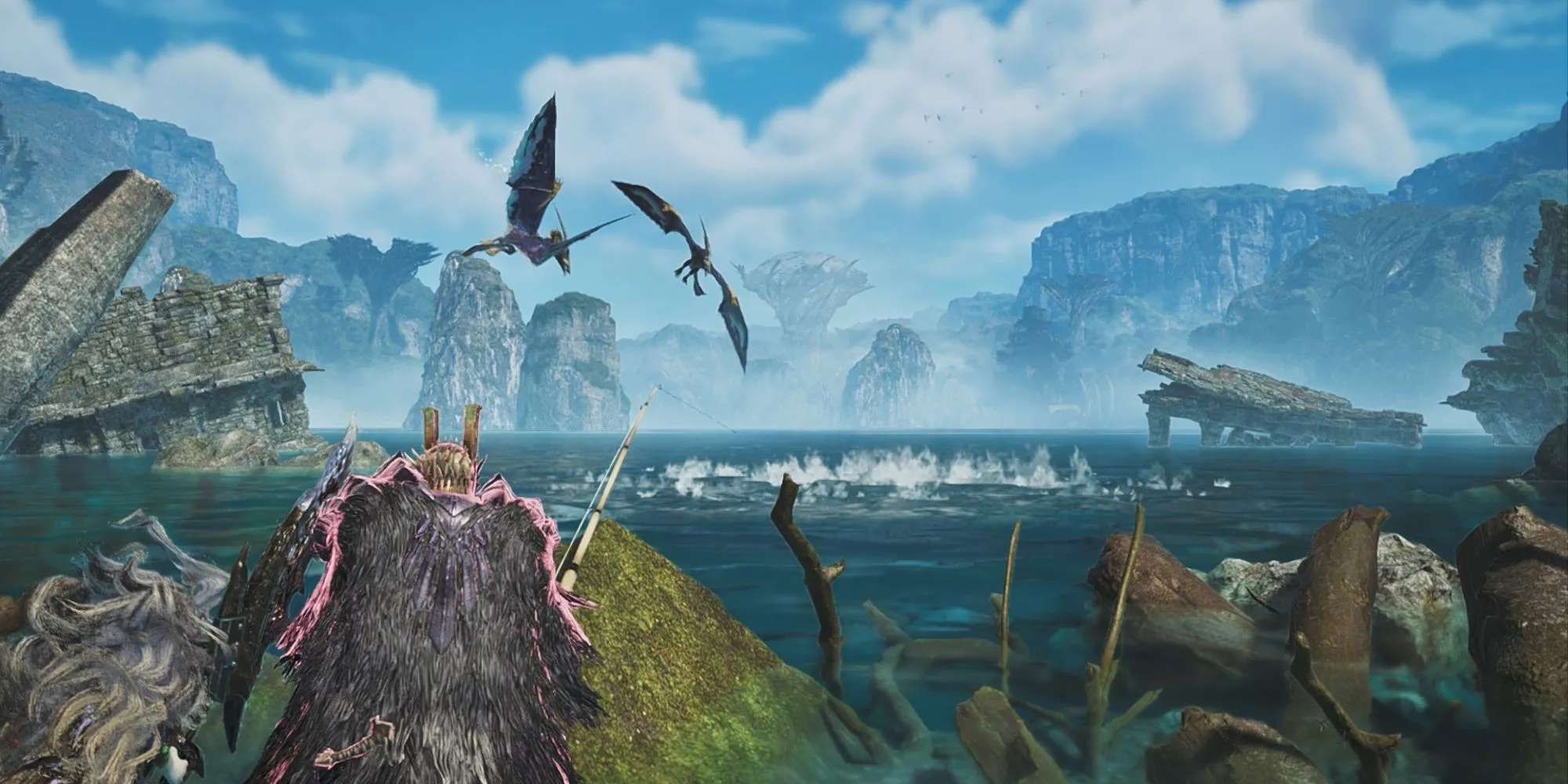 Hình ảnh minh họa hoạt động câu cá trong khu vực Đồng Bằng Windward của Monster Hunter Wilds