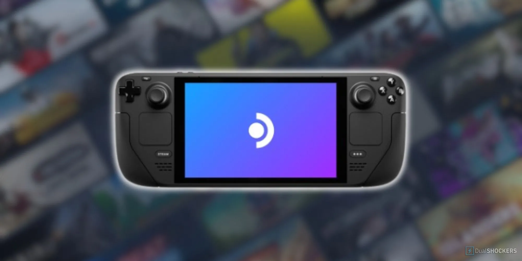 Hình ảnh mờ của danh mục game Steam, liên quan đến game bị gỡ, phía sau là máy chơi game Steam Deck.