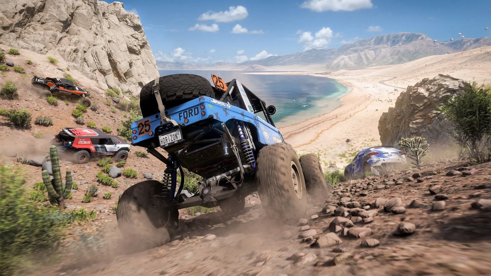 Hình ảnh một chiếc xe đua thể thao màu vàng trong game Forza Horizon 5 đang băng qua địa hình Mexico đầy nắng.