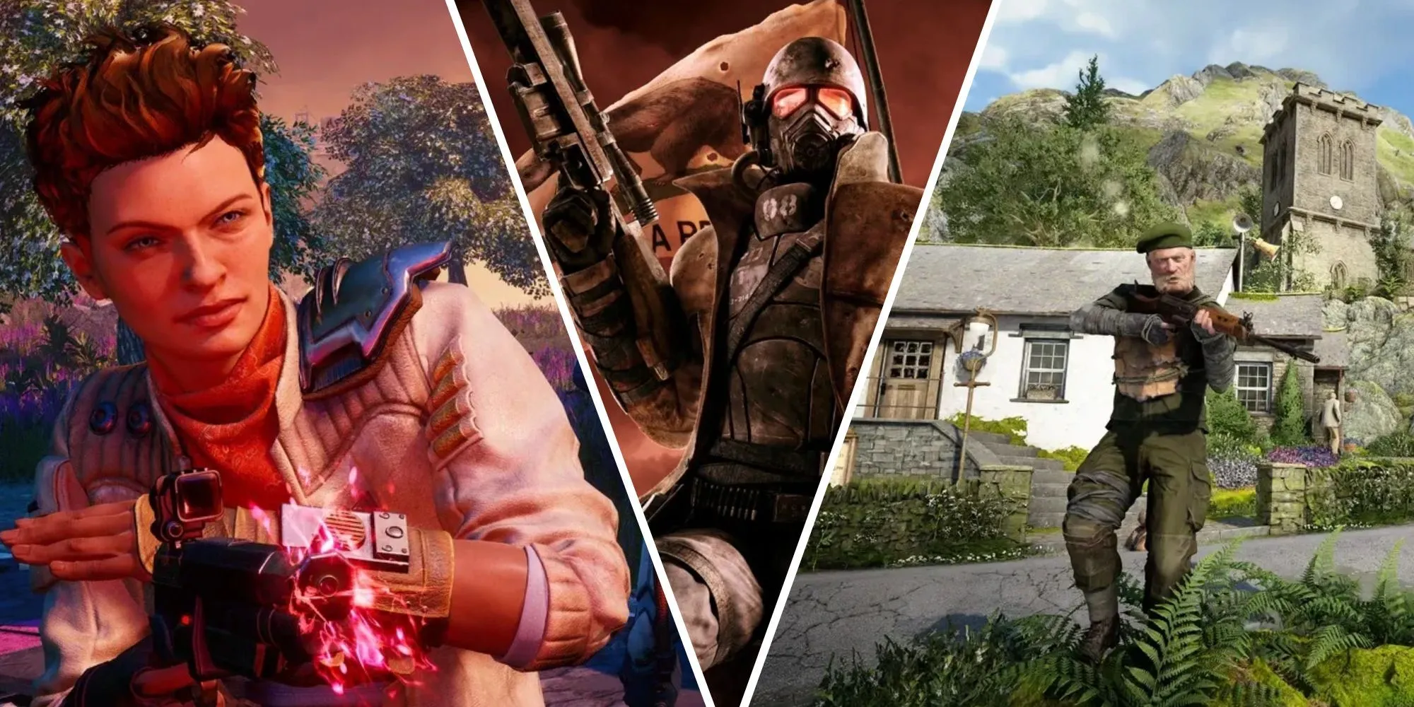 Hình ảnh nhân vật từ The Outer Worlds, Fallout: New Vegas (NCR Ranger) và Atomfall - Các game có lối chơi tương tự Fallout New Vegas