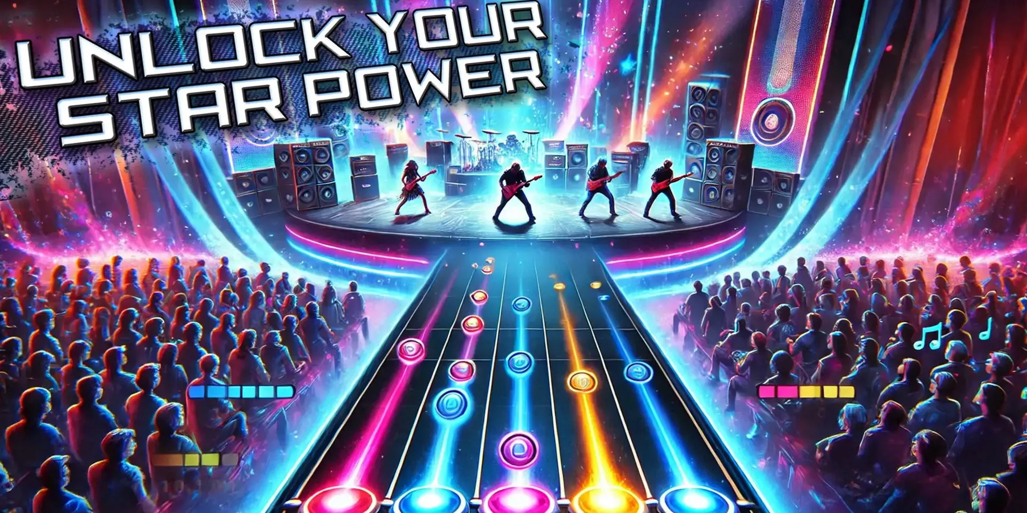 Hình ảnh quảng cáo thử nghiệm cho Guitar Hero Mobile do AI tạo ra hiển thị trên trang cửa hàng ứng dụng giả lập
