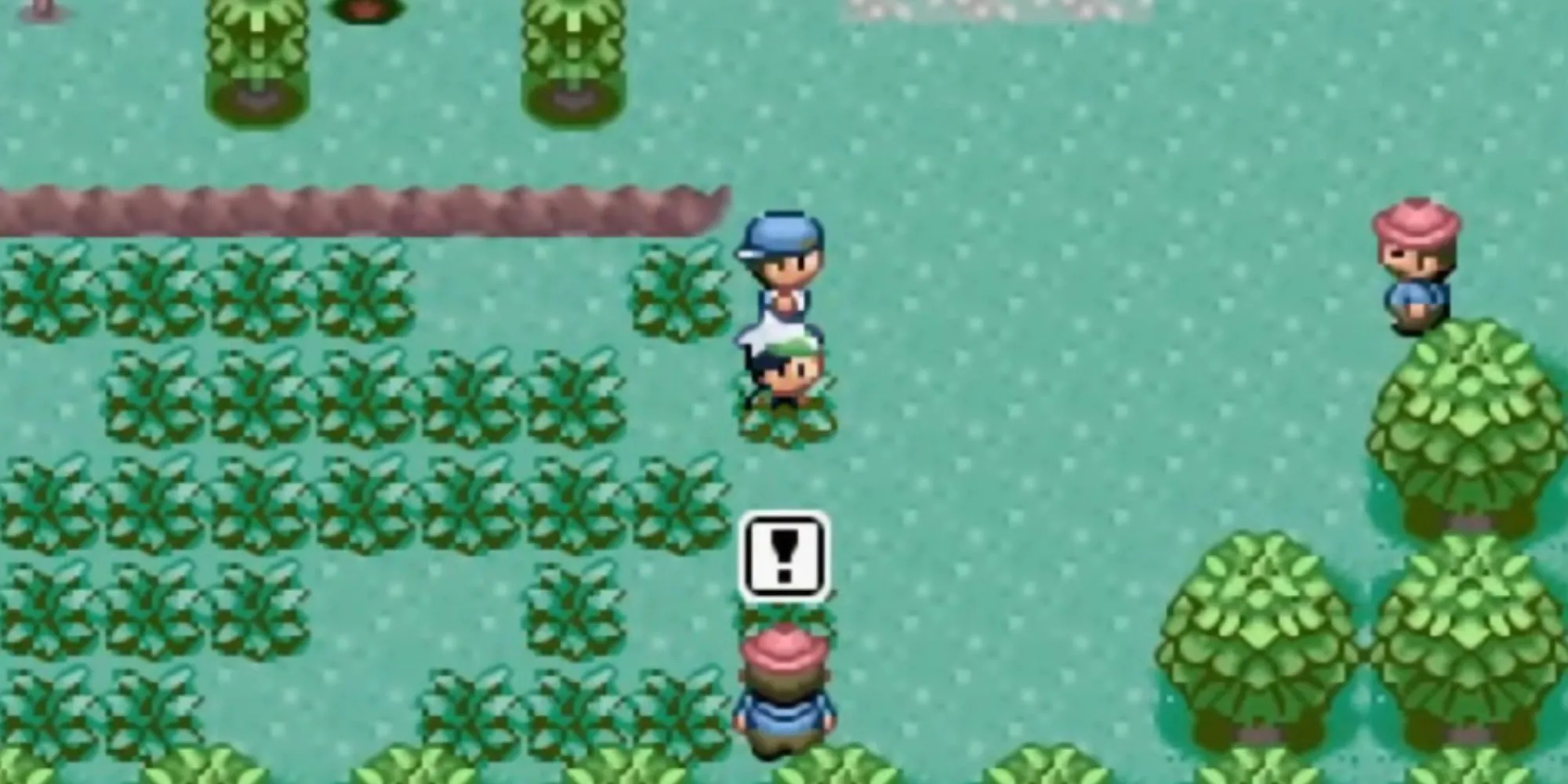 Huấn luyện viên Pokémon đối đầu trong Pokémon Emerald trên GBA, chuẩn bị cho trận đấu Pokémon với hiệu ứng đồ họa.